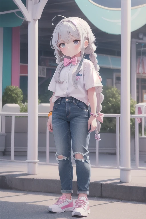 girl,10 years old,grayish white hair,long hair,braid two sides,blue bow tie,Wear an orange bracelet,Wear a rainbow bracelet,wearing a pink shirt,Wear jeans..Wearing white sneakers.,white skin,White cheeks,At the amusement park,There is a player.,cute,Clear picture