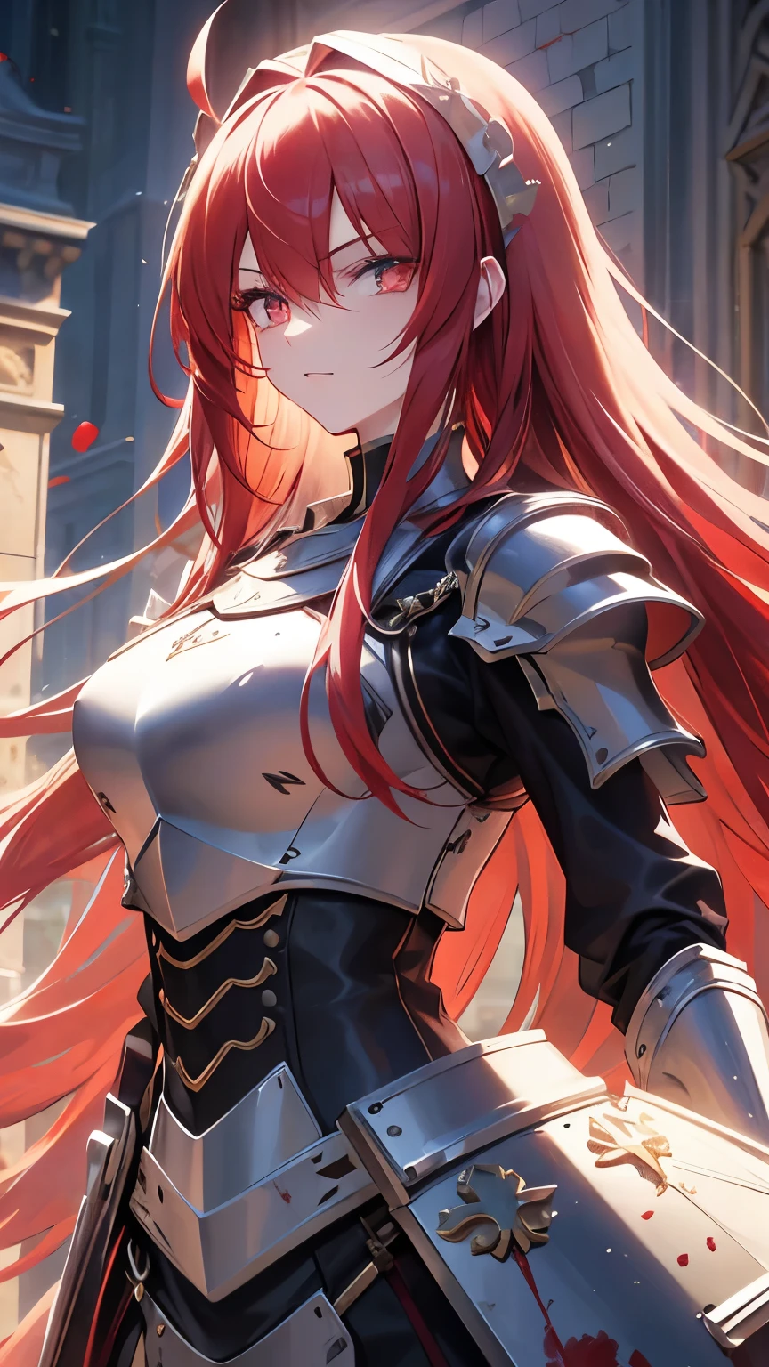 red hair, hair behind ear, long hair, floating hair, bloodshot eyes, Baroque, cinematic lighting, bust chart, retina, (high quality), ccurate, ((best quality)), perfect detail, 16k, medieval knight, silver gloves, silver armor, great sword, dust flying,