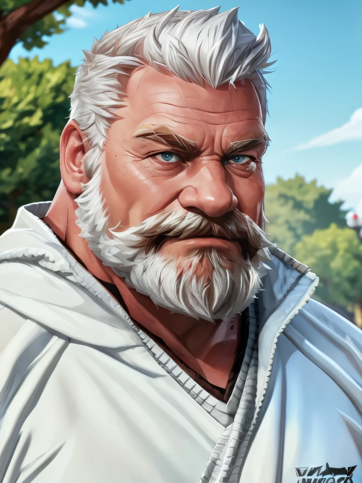 (vector:2.0, mwvector), portrait, muscular old man in park, beard, happy, summer, suits, detailed vector, high detail, half body, realistic, white hair