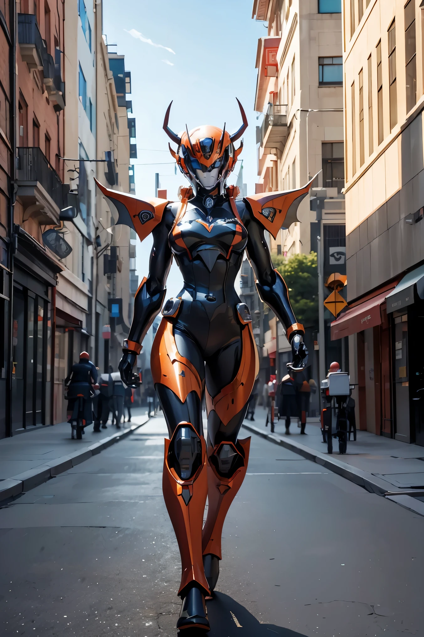 (Demon God Mecha, 3D rendering), background city street center, clear HD, 8K resolution, very detailed, digital painting, concept art, Shinkai Makoto style, pop popularization trend, pop, pop trend on pixiv.