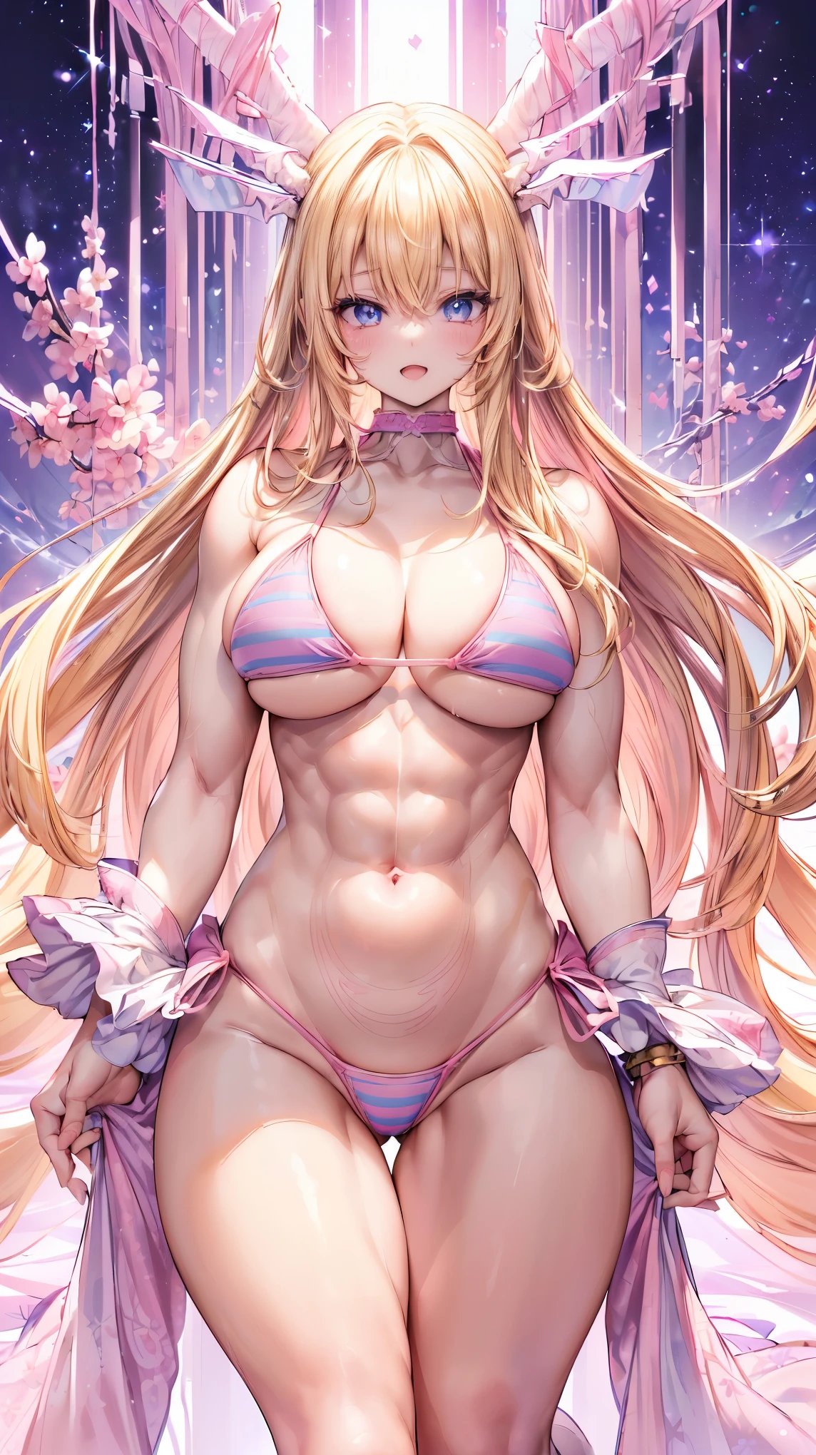 Very detailed、highest quality、Best image quality、masterpiece、8k、Anime Face、A kind smile、(Open your mouth:1.3)、Sparkling blue eyes、(Blonde semi-long hair:1.5)、(Muscles of the whole body:1.3)、(High leg:2.0)、Thigh belt、(Pink high cut bikini:1.5)、(Upper body photo:1.5)、(SFW Giant)、(Thick body:1.2)