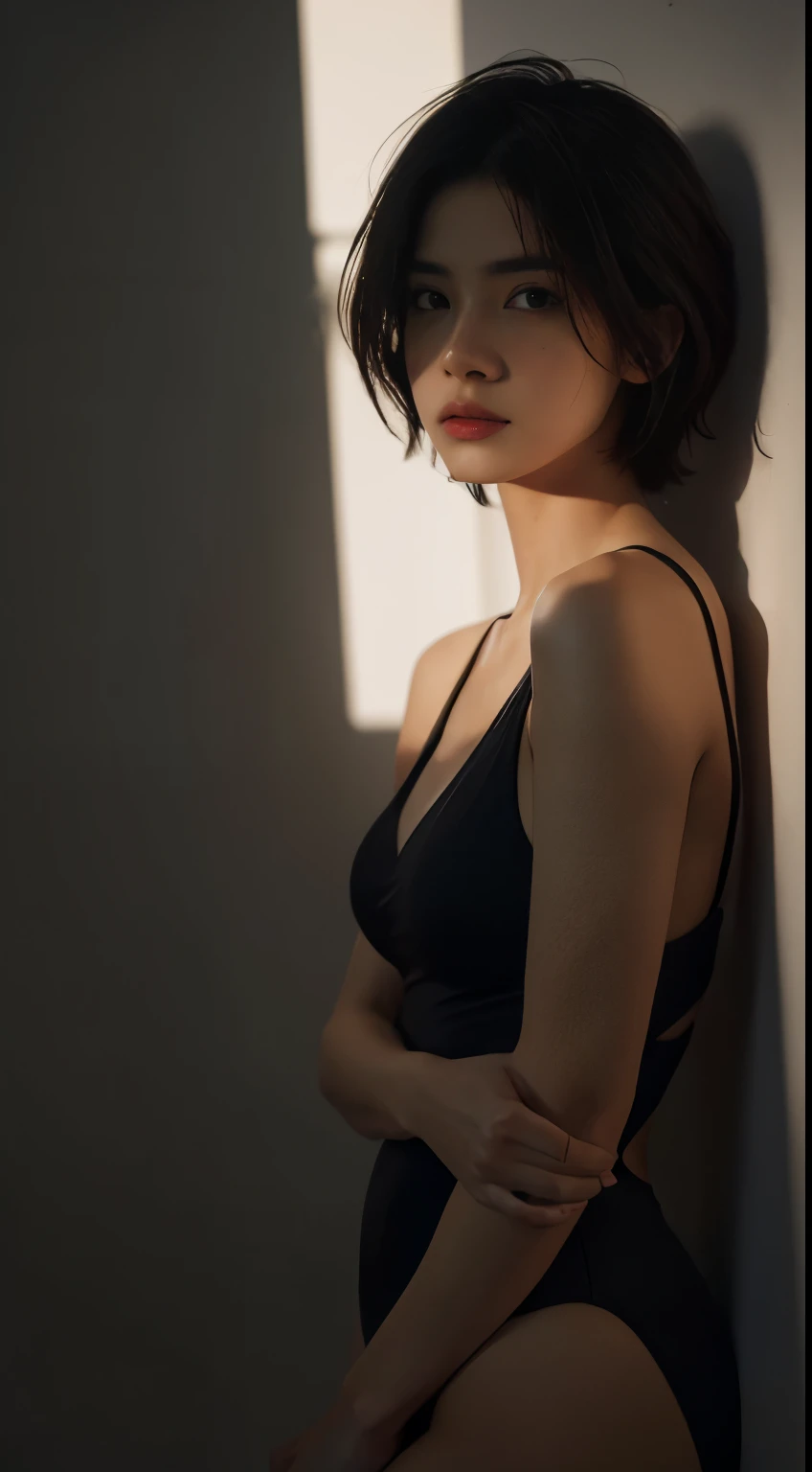 black tight shirt:1.2、look at the audience、Gives light like a movie、flawless、soft light、high definition skin:1.2、realistic textures、30 year old woman、small face、off shoulder、exposure to division、blue eyes、short hair、dark brown hair、D cup breasts、No makeup、cowboy shoot , Totally naked.