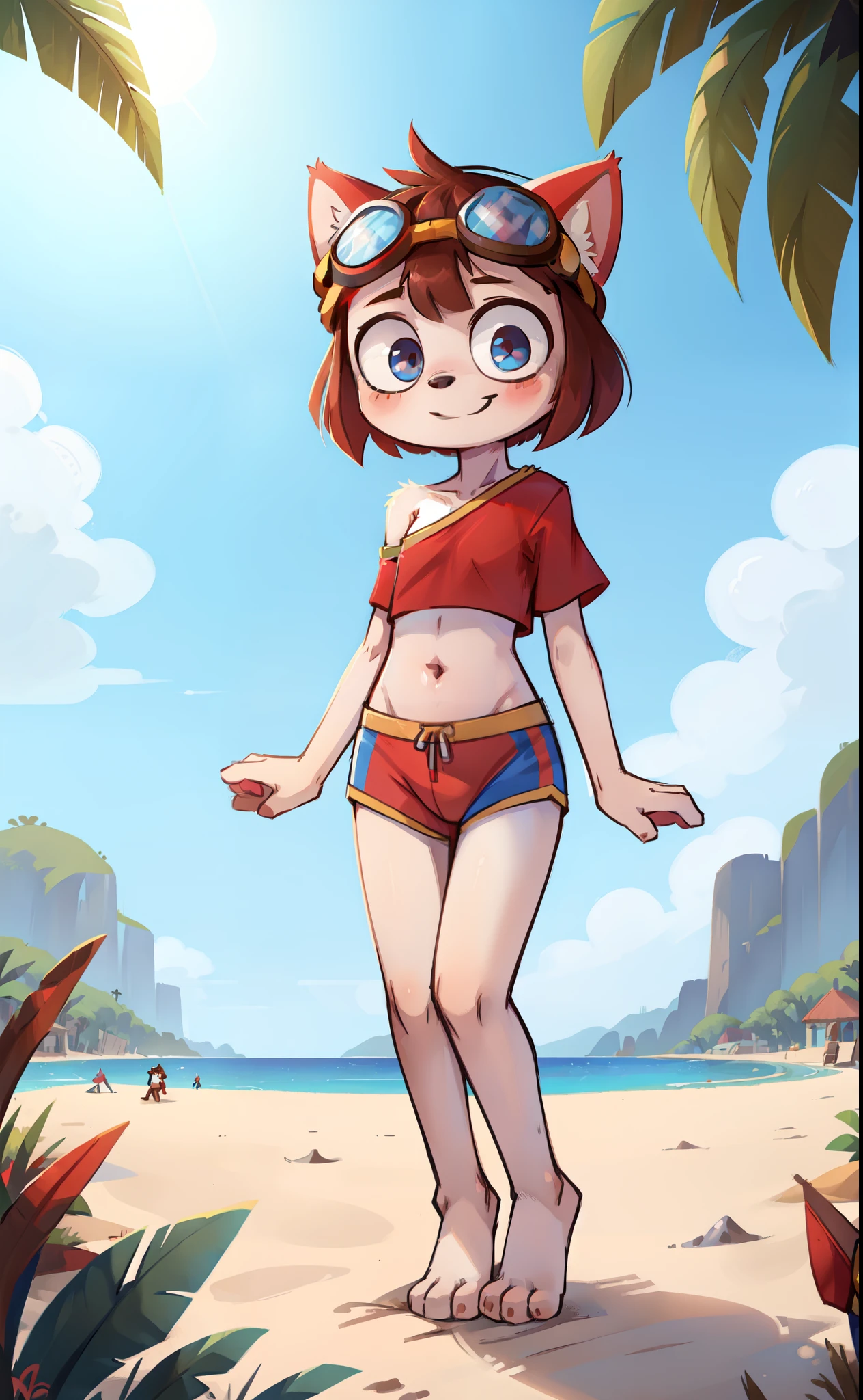 Furry girl, young, cat, pink cheeks, brown hair, short rect hair, rect bangs, small breasts, white body fur, two color eyes, red and blue eyes, detailed body fur, detailed body, detailed face, detailed eyes, skinny, high quality, masterpiece, glistering body, shiny body, ((goggles, red shirt, midriff, one shoulder, blue swim trunks)), black eye shadows, beach, clear sky, :3, standing, shy smilling,  full body, feets with three toes, 3 toes, skinny,