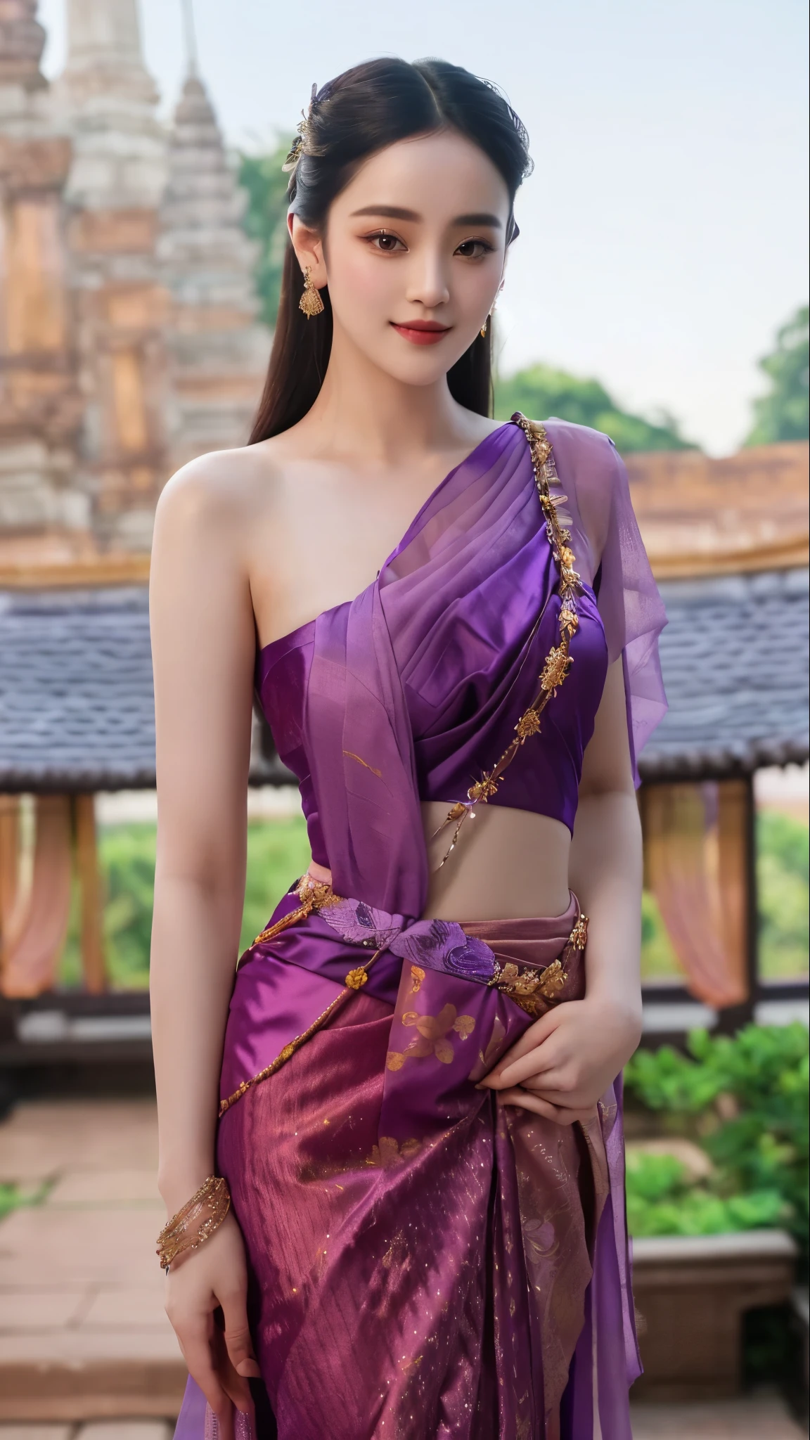 a close up of a woman in a purple dress posing for a picture, draped in purple and gold silk, draped in silky purple and gold, traditional beauty, dilraba dilmurat, sukhothai costume, very beautiful enga style, south east asian with long, wearing an elegant tribal outfit, nivanh chanthara, draped in purple, traditional