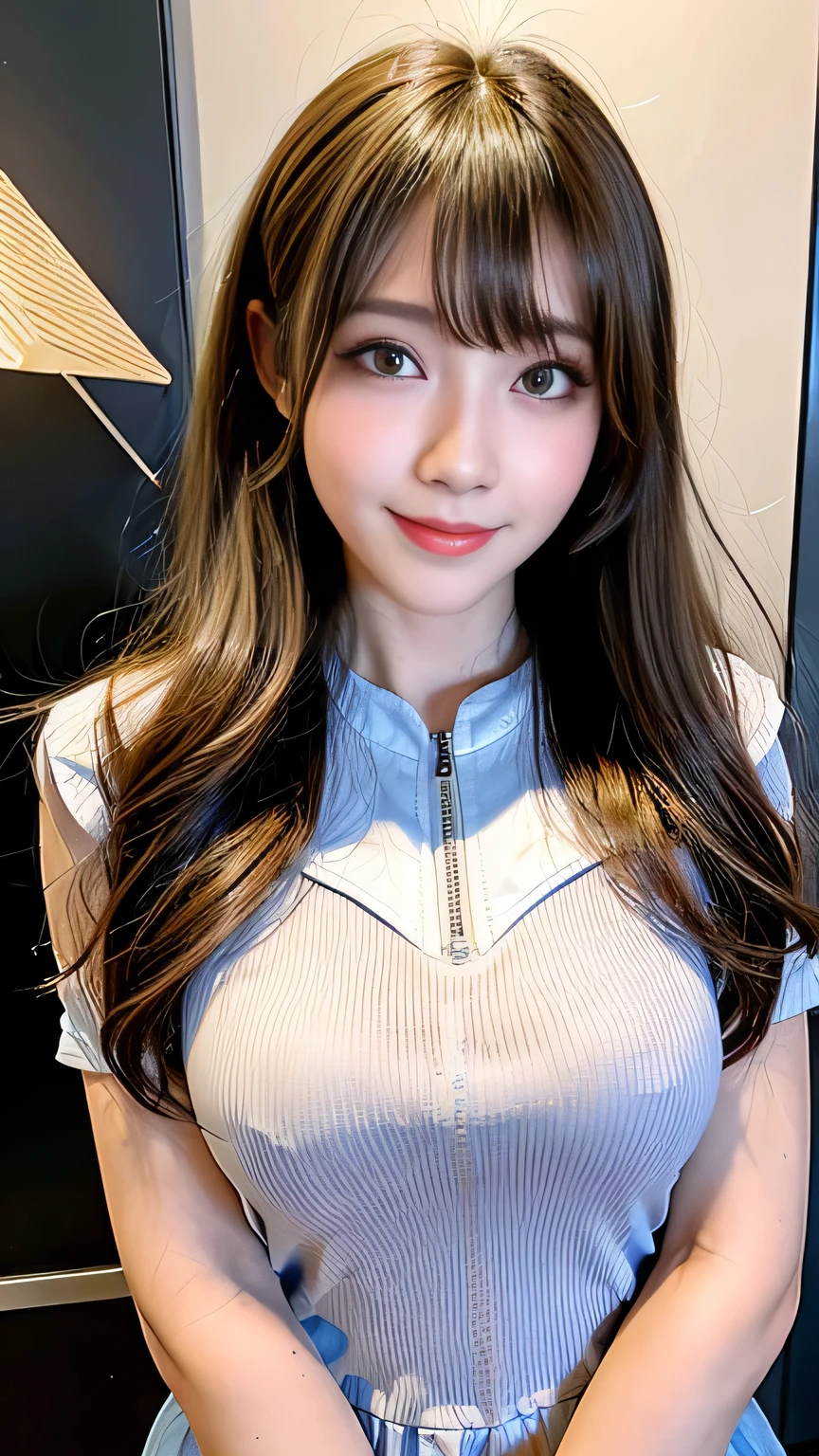 Full Body Angle、((highest quality, 8K, masterpiece: 1.3)), concentrated: 1.2, Cute girl 1,Nipples erect、 Perfect beauty: 1.4,Short sleeve t-shirt Slim fit Button closure: 1.2,Long sleeve、Randall Color、comics&Text Graphics、Black ruffle-trimmed drawstring zip blouse,1.1, Highly detailed face and skin textures, Fine grain, double eyelid, whitening skin, ,highest quality,Ultra-high resolution,you,1 girl,alone,_Shiny_skin,Iris,necklace,((Brown_length_Wavy_hair)),(lips)),eyelash,Front hair,deal with,compensate,Shiny,pore,skin texture,Large Breasts、smiling face、Front hair、