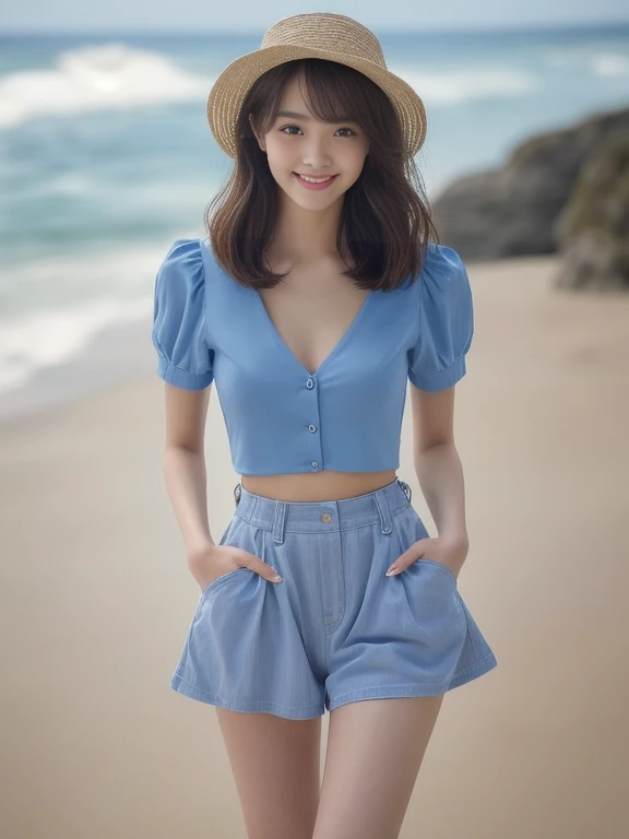 masterpiece、highest quality、A woman wearing a pale gray-blue top and shorts is standing on the beach, Crop top and shorts, Narrow waist, Casual clothing style, Wear a cute top, Narrow waist、looking at the camera、Cute smile、Detailed and beautiful moist eyes、