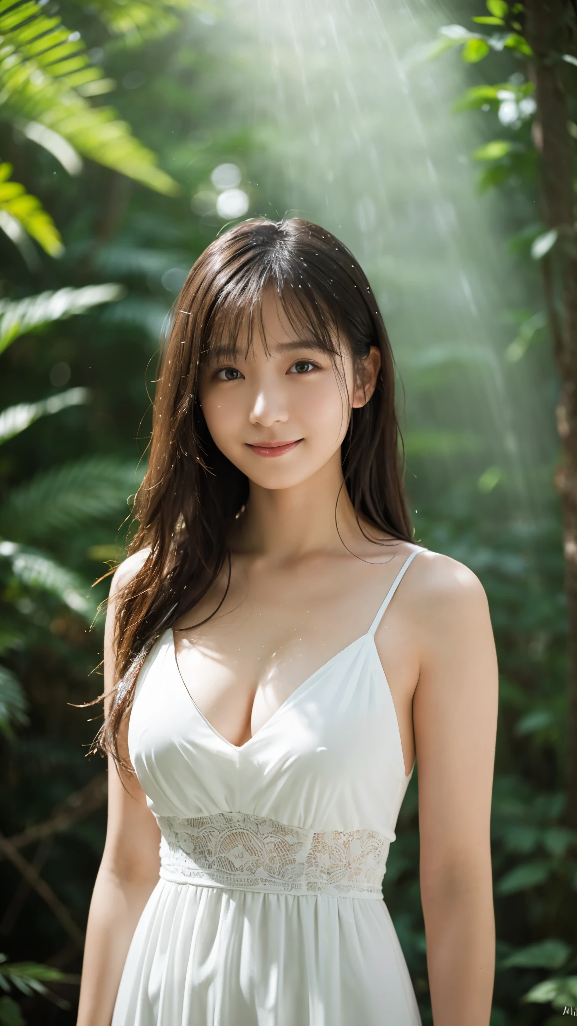 (highest quality,masterpiece:1.3,Ultra-high resolution),(Super detailed,Caustics,8k), (Photorealistic:1.4, RAW shooting),(in the forest),(A shower of light pours down),(Sunlight filtering through the trees),18-year-old,cute,Are standing,(smile),looking at the camera,Long black hair,Pure white long dress, Bust up shot,Natural light