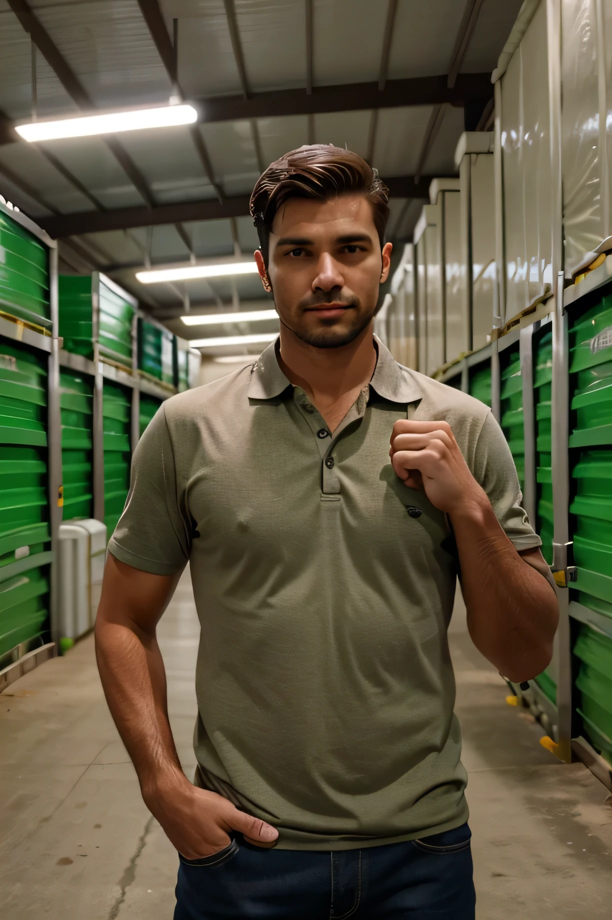 A Man with work in agriculture financial business working inside a storage facility. Dont use farm clothes but modern casual style. The man needs to be recogognizable like a Brazilian man who born and lived in Brazil.  