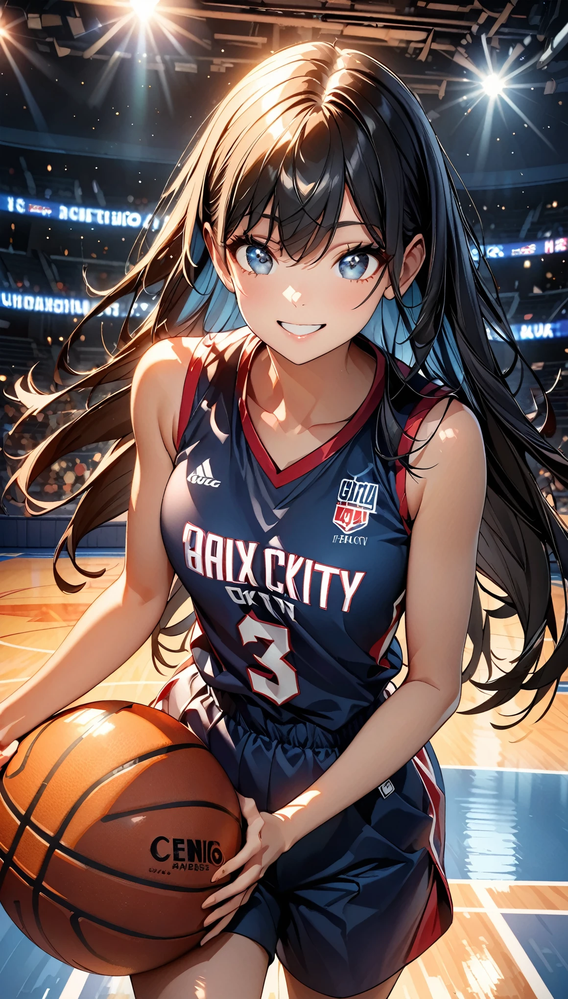 (highest quality:1.2, Very detailed, up to date, Vibrant, Ultra-high resolution, High Contrast, masterpiece:1.2, highest quality, Best aesthetics), (((1 girl))), Beautiful woman, (smile), Photon Mapping, Radio City, Physically Based Rendering, Cinema Lighting, Basketball court,Depth of written boundary, Sharp focus,Sunbeam, Good composition, (Bokeh:1.2), Moist eyes, Detailed eyes, Random Pause, Tight waist, Basketball Uniforms, Shorts, Black Hair, Shiny straight hair, Long hair blowing in the wind,