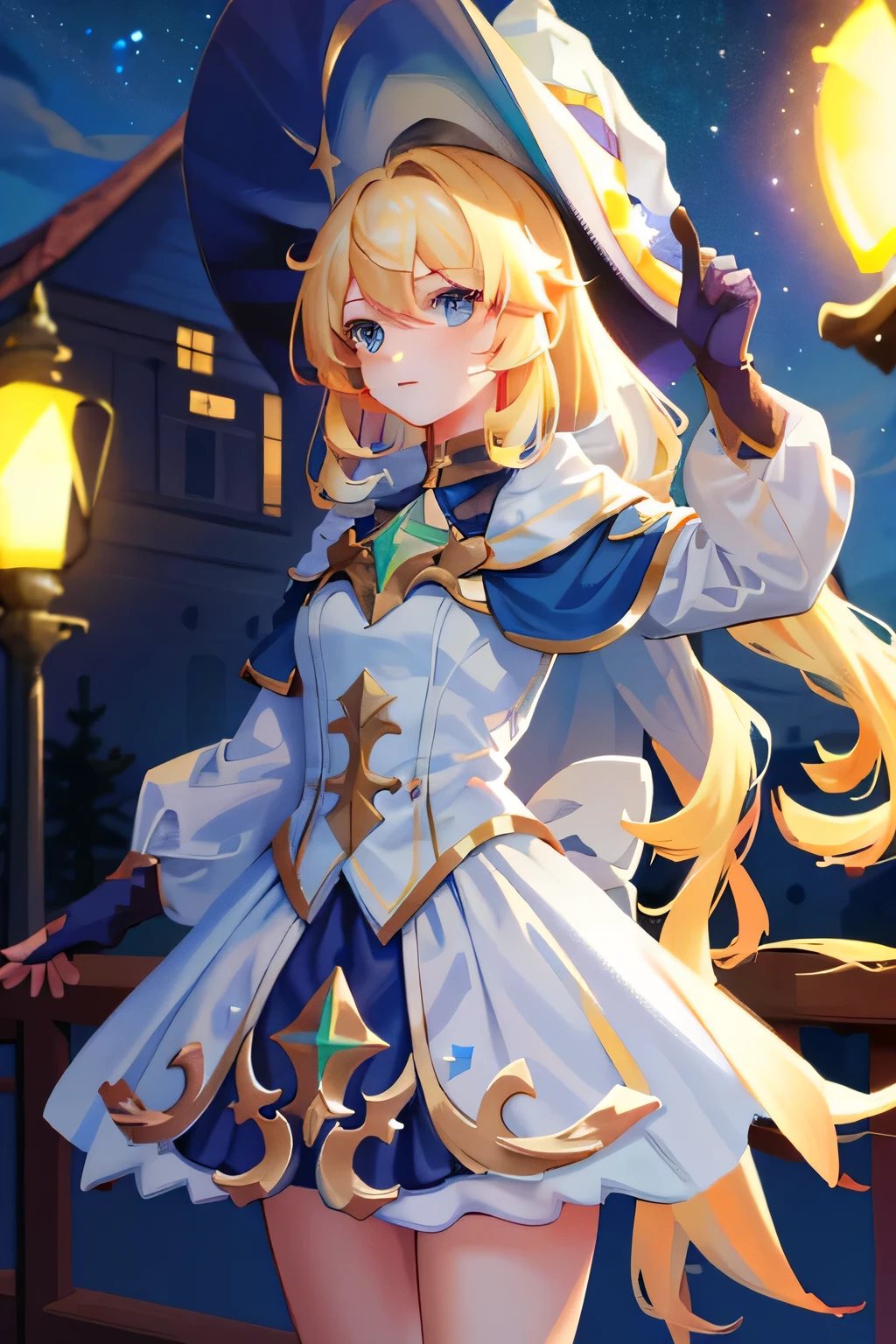 ((Masterpiece:1.2, Best quality)), 1girll, Solo, (Witch hat), Blonde hair, Long hair, dress, aurora, Night, Star (sky), mitts, sky, White dress, Night days