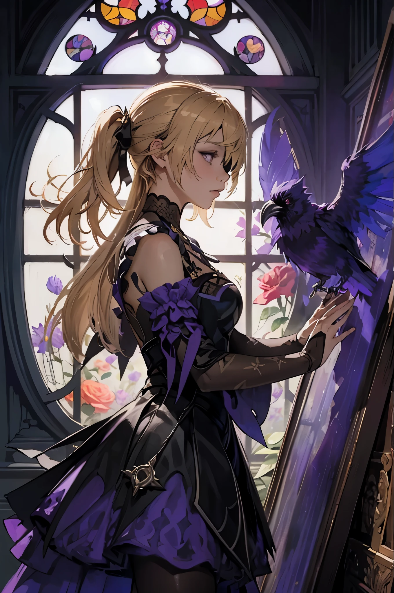 1woman, flowy blond hair ponytails, gothic, rose eyepatch in one eye, black lace gothic lolita dress, dried flowers, stained glass, official art, unity 8k wallpaper, ultra detailed, beautiful and aesthetic, beautiful, masterpiece, best quality, (zentangle, mandala, tangle, entangle), (ecstasy of flower:1.2) dynamic angle, the most beautiful form of chaos, elegant, a brutalist designed, vivid colours, romanticism, atmospheric, extremely delicate and beautiful, Amazing, finely detail, masterpiece, ultra-detailed, highres,best illustration, best shadow,intricate,sharp focus, high quality,dark gothic princess, ((purple ghost of a raven coming from the mirror portal))