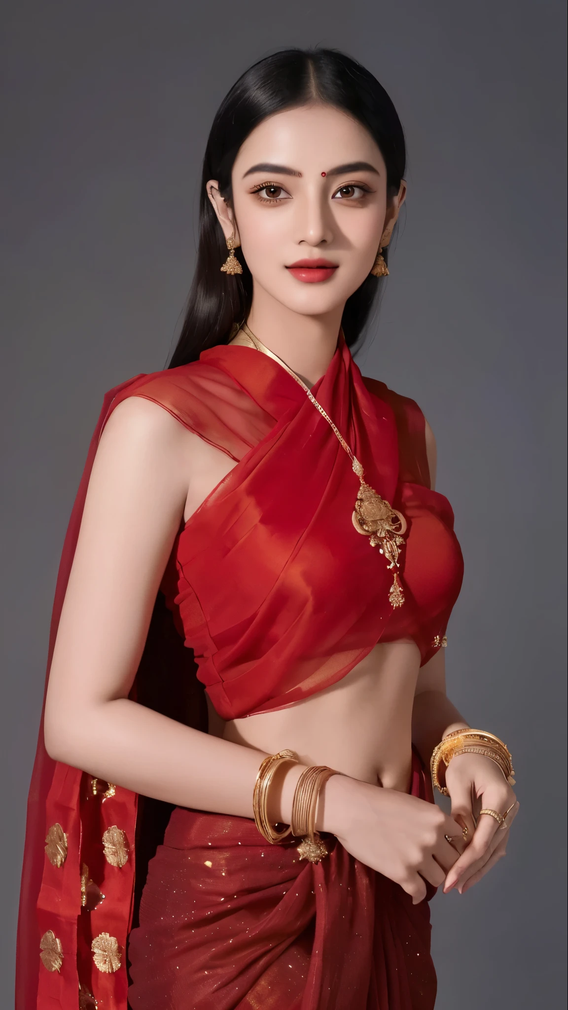 a woman in a red sari and gold jewelry poses for a picture, traditional beauty, south east asian with long, dressed in a sari, wearing a sari, portrait of modern darna, wearing gilded ribes, nivanh chanthara, dilraba dilmurat, wearing sari, 2 4 year old female model, traditional, sukhothai costume