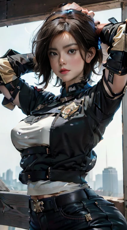 (masterpiece), highest quality, Expressive eyes, Perfect Face, One girl, 一人in, Mitt, Hin, talkie, load_bearing_Best, short_hair, Bulletproof_Best, Winch, police, black_hair, baseball_Wear a hat, gun, Realistic, Looking_in_peeping in the viewer, uniform, pants, Brown_hair, arms, police_uniform, body_armor, black_Mitt, cowboy_shot, Blindfold