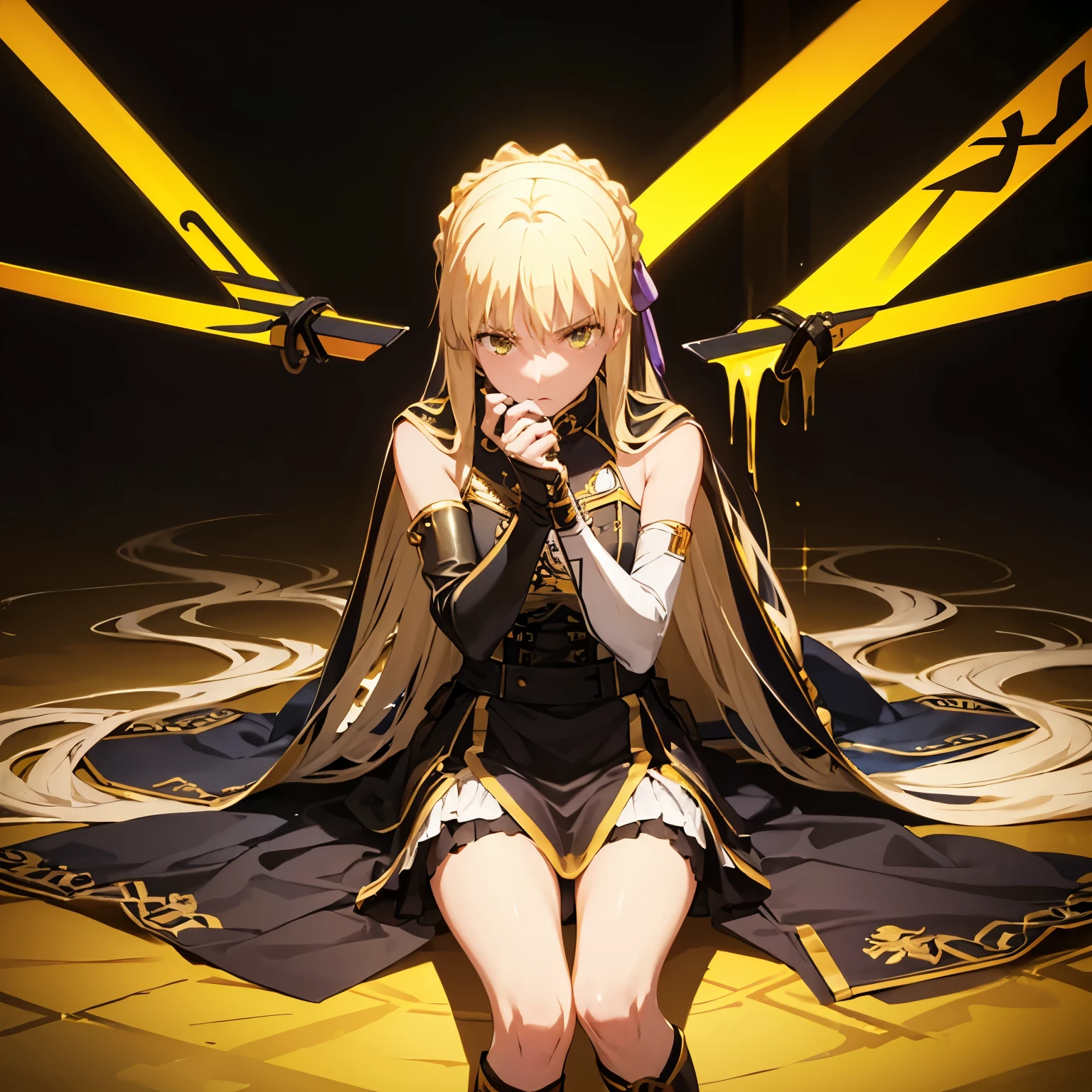 aesthetic, bohemian, realistic, saber from Fate, long hair ,black mini-skirt, yellow clothes, stockings, skinny fit, sitting emo pose, yellow and black night city background, focus on hips, goddess, solo, katana