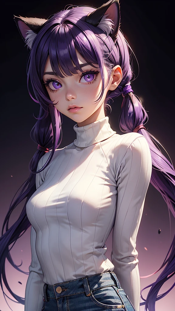 (high resolution, upper body, soft skin:1.2),(best illustration,masterpiece:1.2),ultra-detailed,[(purple eyes, purple makeup cat ears , purple inside:1.2, twin tail),vivid colors,sharp focus,portrait,studio lighting,bokeh, wearing a white turtleneck shirt, black denim pants, spotlight background, arms behind back