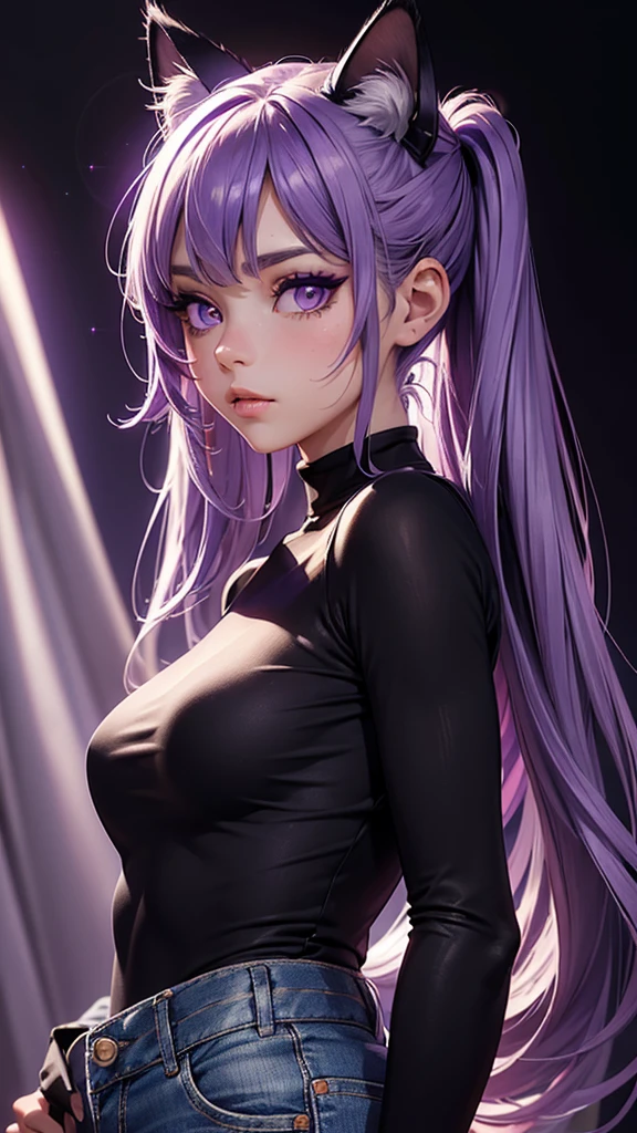 (high resolution, upper body, soft skin:1.2),(best illustration,masterpiece:1.2),ultra-detailed,[(purple eyes, purple makeup cat ears , purple inside:1.2, twin tail),vivid colors,sharp focus,portrait,studio lighting,bokeh, wearing a white turtleneck shirt, black denim pants, spotlight background 