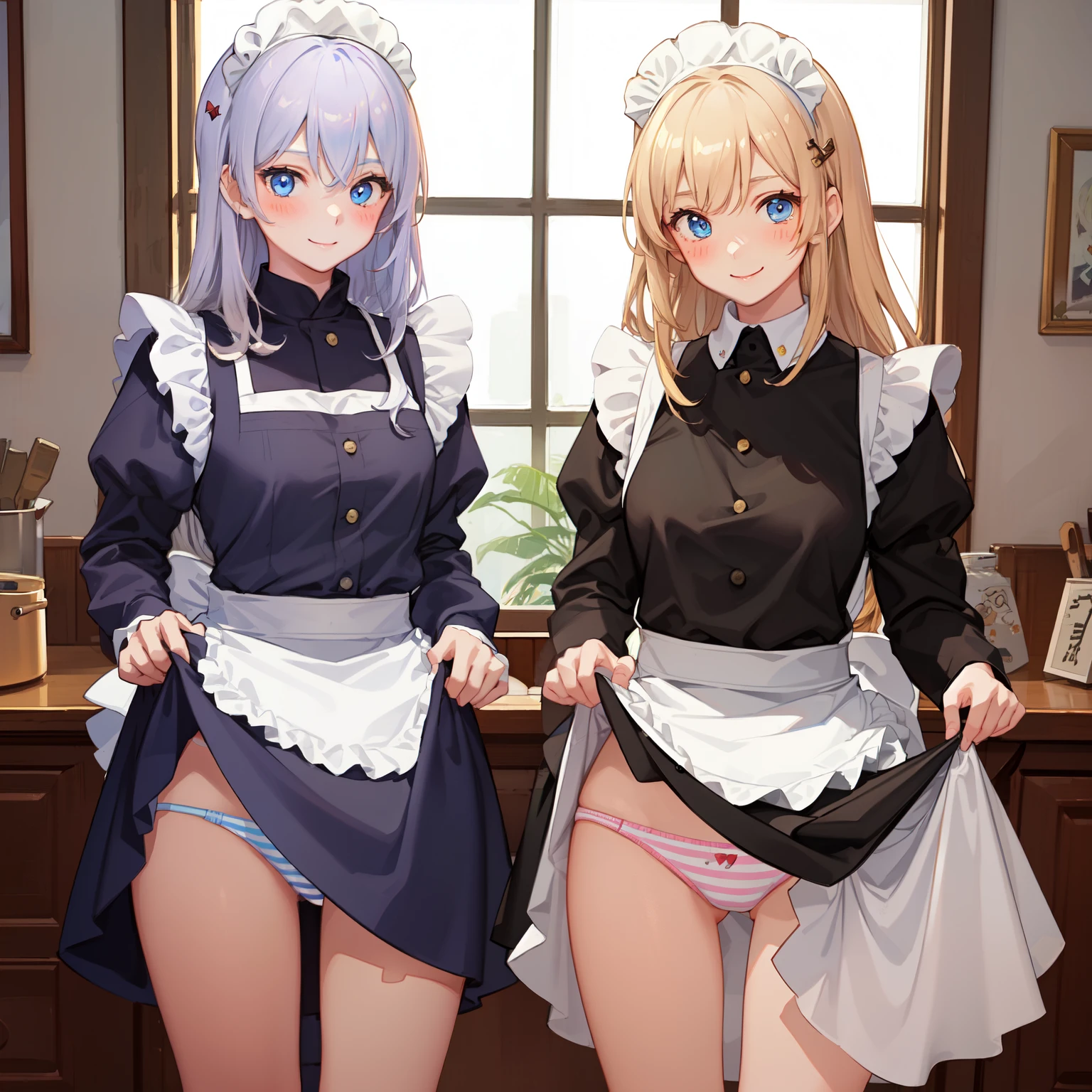 highest quality、masterpiece、((2 girls:1.5))、((smile:1.3))、(blush:1.3)、Black Shirt、blouse、((fun!!))、()、(Small breasts)、(Long Hair:1.3)、()、blonde、(Long sleeve)、((White apron:1.5))、((Maid))、((hair ornaments)),、Kamimei、look at me、 ((in house:1.5))、 A break to observe the crowd、Cowboy Shot、(Skirt flip:1.3),Very exquisite pink striped panties、(Highly detailed panties:1.3)、、(スカート that rolls up:1.3)、(Panties in full view:1.5)、()、Bright Blue Eyes、Long Hair、Glowing Eyes