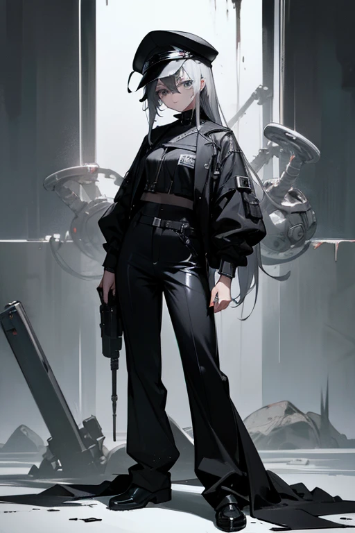 masterpiece, (A hopeless biopunk horror), Dark Anime Girl, Grey Eyes, Strict and long closed clothes, Shiny black cap, Black long pants, A lot of ash,, Highly detailed art