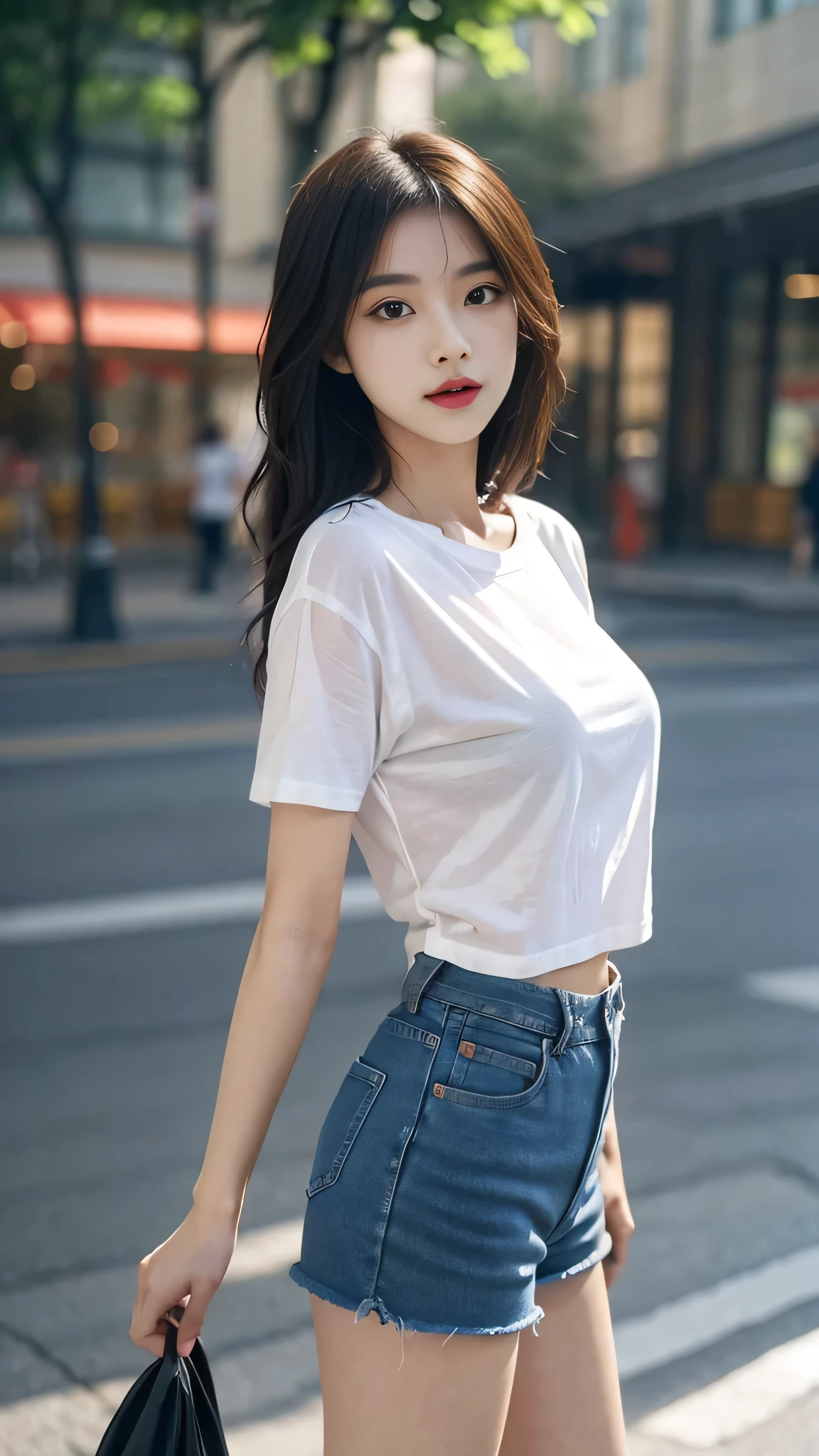 A perfect young female,Chinese in over size t-shirt and shorts jeans, CG rendering, Blurred background, deep shadow, 16K, bokered, Very detailed, wallpaper, depth of field, movie light, Ray tracing.