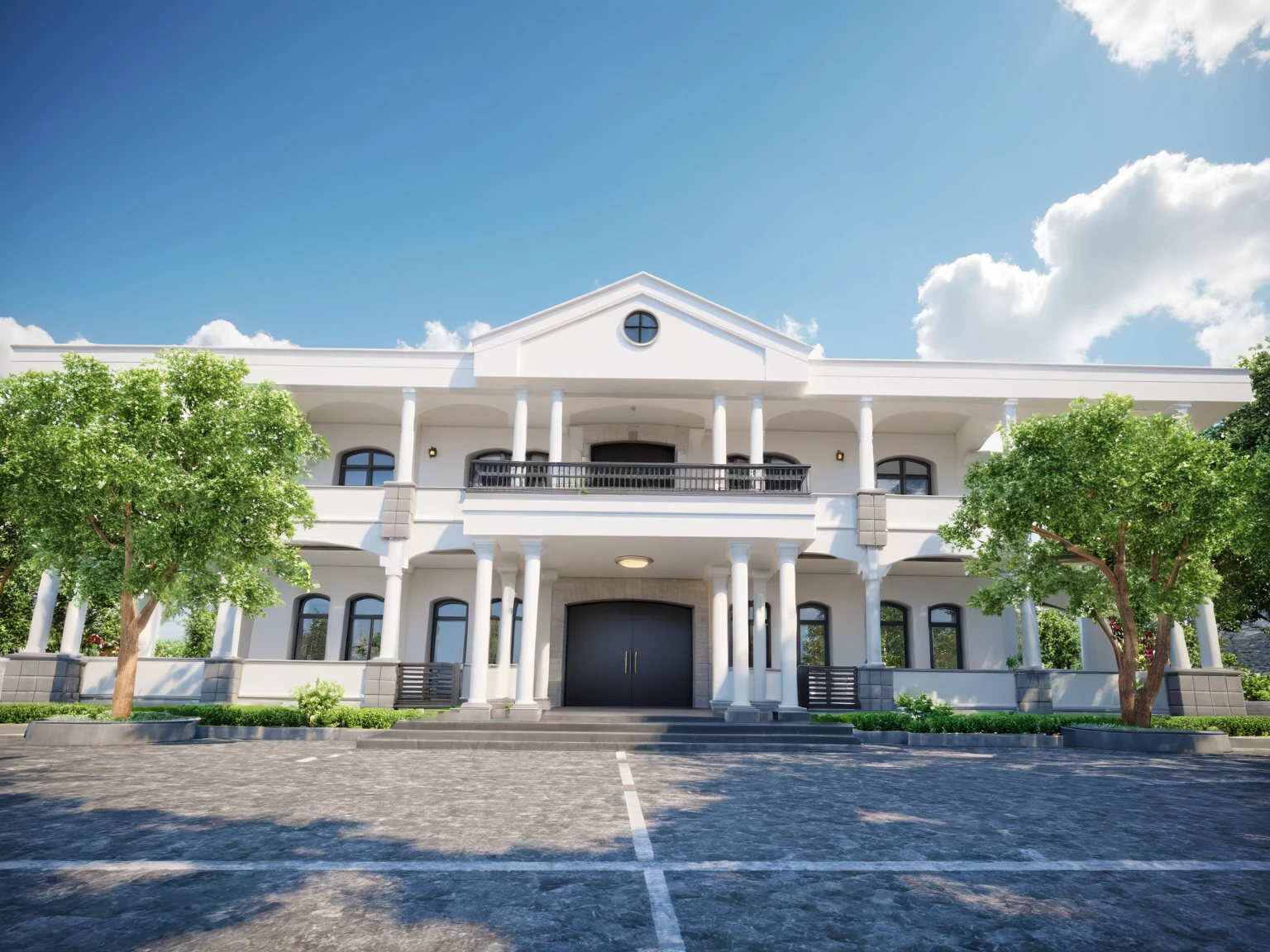 Architectural style Architectural style, ((Classic Style House)),(masterpiece) , ((best quality)), dramatic lighting, high quality outdoors, sky, day, cloud, tree, blue sky, building, scenery, road, real world location, sunlight, enough detail, high resolution,super realistic, Photorealistic, highly detailed, balcony, plants, door, car, truck, parking slot, paving, . Clean lines, architectural drawing, highly detailed , . Clean lines, geometric shapes, minimalist, modern, architectural drawing, highly detailed