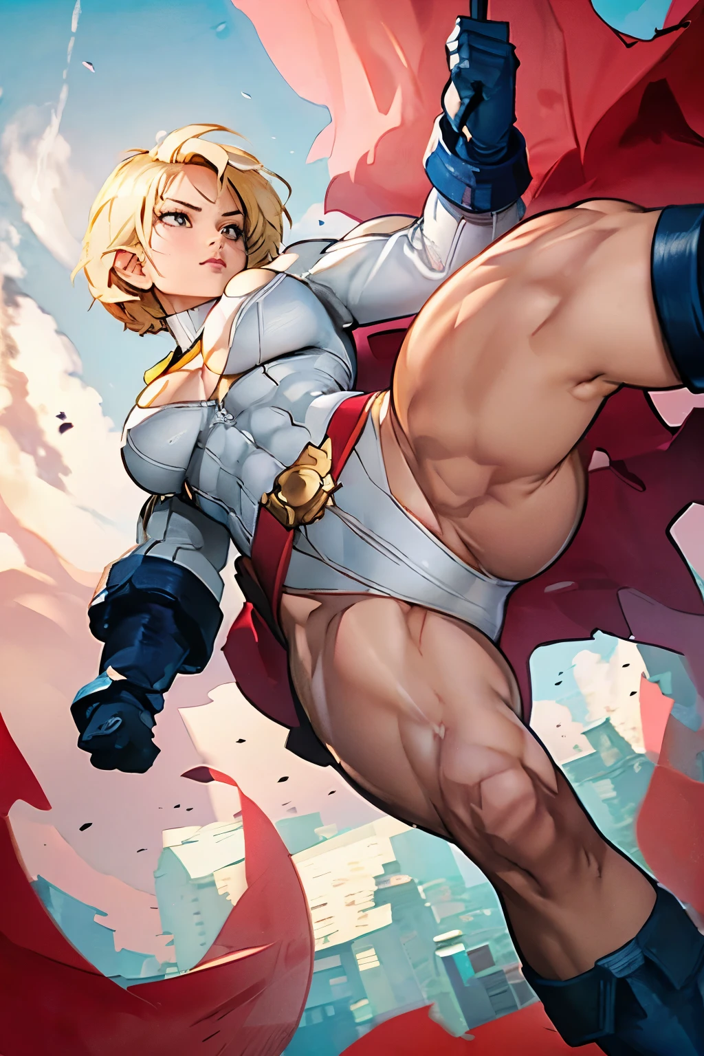 fighting PowerGirl,(shoot from below),(open thighs),cameltoue,solo,blond_hair,white leotard,red belt,solo,blue boots, best quality, masterpiece, beautiful,(masterpiece), (best quality)