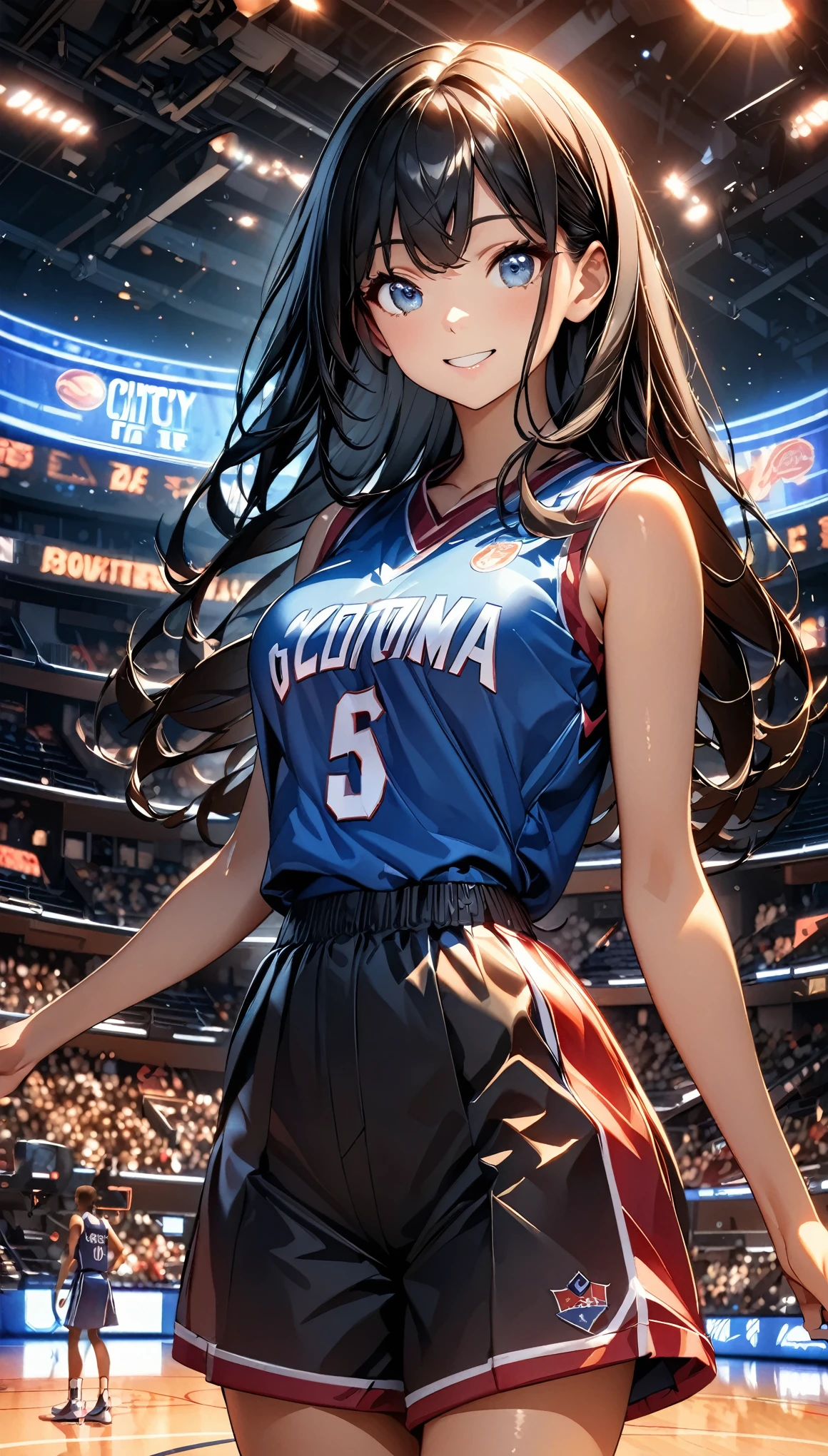 (highest quality:1.2, Very detailed, up to date, Vibrant, Ultra-high resolution, High Contrast, masterpiece:1.2, highest quality, Best aesthetics), (((1 girl))), Beautiful woman, (smile), Photon Mapping, Radio City, Physically Based Rendering, Cinema Lighting, Basketball court,Depth of written boundary, Sharp focus,Sunbeam, Good composition, (Bokeh:1.2), Moist eyes, Detailed eyes, Random Pause, Tight waist, Basketball Uniforms, Shorts, Black Hair, Shiny straight hair, Long hair blowing in the wind,