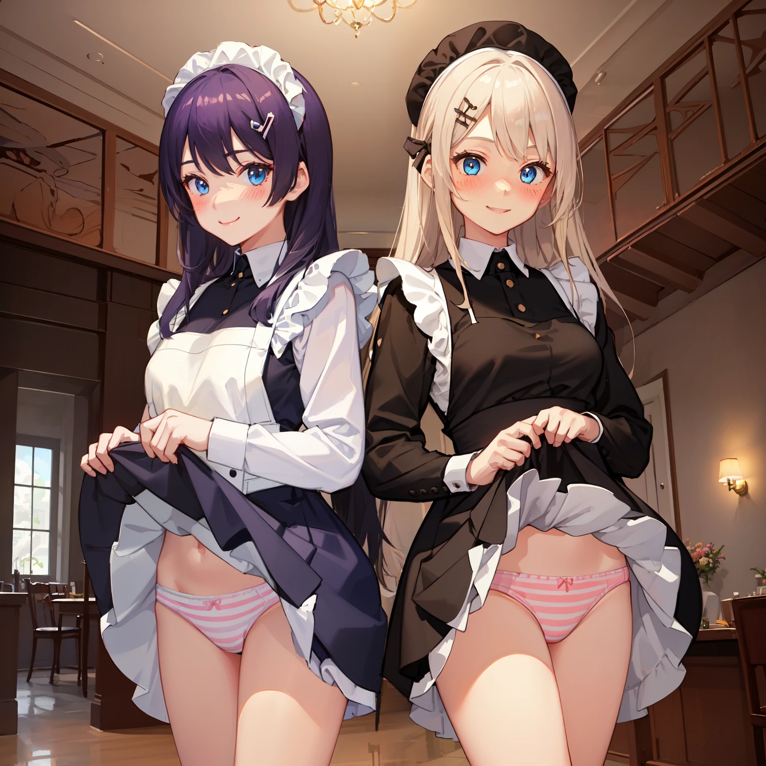 highest quality、masterpiece、((2 girls:1.5))、((smile:1.3))、(blush:1.3)、Black Shirt、blouse、((fun!!))、()、(Small breasts)、(Long Hair:1.3)、()、blonde、(Long sleeve)、((White apron:1.5))、((Maid))、((hair ornaments)),、Kamimei、look at me、 ((in house:1.5))、 A break to observe the crowd、Cowboy Shot、(Skirt flip:1.3),Very exquisite pink striped panties、(Highly detailed panties:1.3)、、(スカート that rolls up:1.3)、(Panties in full view:1.5)、()、Bright Blue Eyes、Long Hair、Glowing Eyes