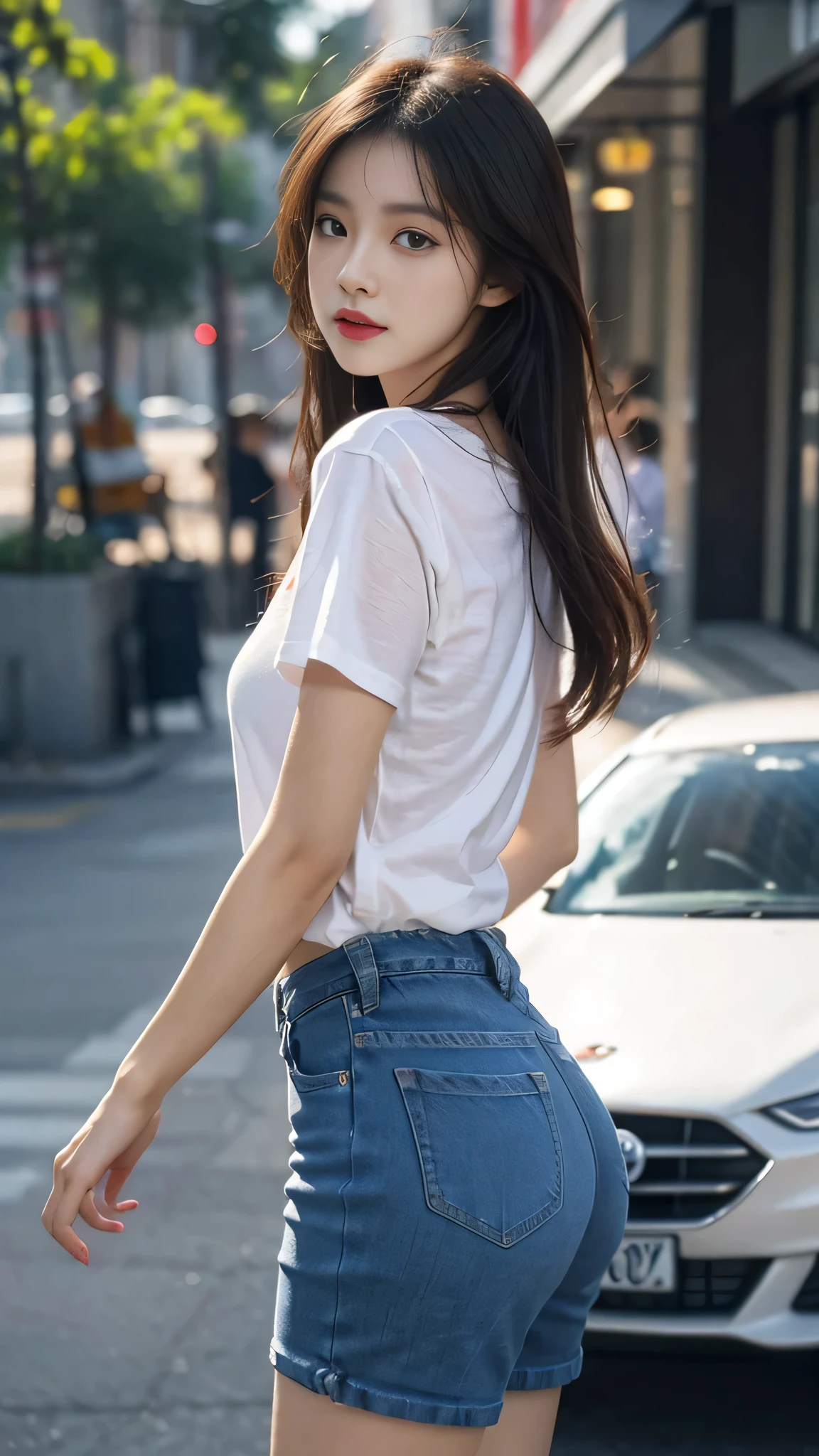 A perfect young female，Chinese in over size t-shirt and shorts jeans, CG rendering, Blurred background, deep shadow, 16K, bokered, Very detailed, wallpaper, depth of field, movie light, Ray tracing