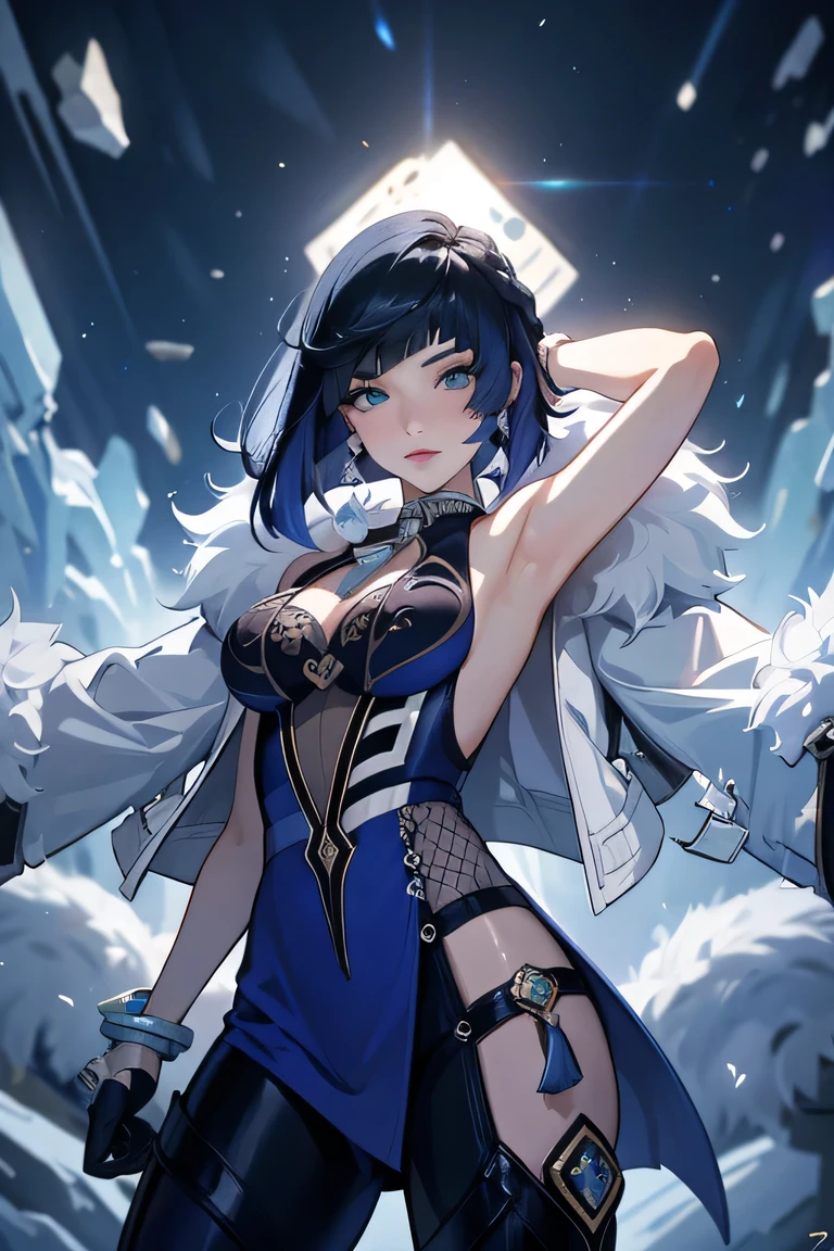 ((yelandef)):1.5,((masterpiece,highest quality,Highly detailed images,Beautiful images))1.4(arms behind head yelan images、Fragments,crystals、Overall dim lighting、Backlight、A fantastic atmosphere、Dust flutters)1.3,(Close-up image of yelan)1.1、(Exposed lateral breasts、Cool look、Cold Atmosphere):1.2