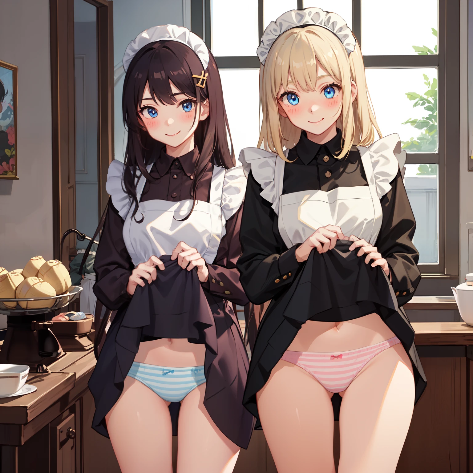 highest quality、masterpiece、((2 girls:1.5))、((smile:1.3))、(blush:1.3)、Black Shirt、blouse、((fun!!))、()、(Small breasts)、(Long Hair:1.3)、()、blonde、(Long sleeve)、((White apron:1.5))、((Maid))、((hair ornaments)),、Kamimei、look at me、 ((in house:1.5))、 A break to observe the crowd、Cowboy Shot、(Skirt flip:1.3),Very exquisite pink striped panties、(Highly detailed panties:1.3)、、(スカート that rolls up:1.3)、(Panties in full view:1.5)、()、Bright Blue Eyes、Long Hair、Glowing Eyes