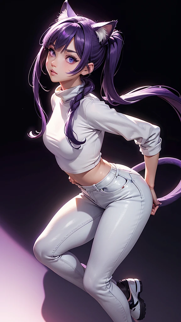 (high resolution, full body, soft skin:1.2),(best illustration,masterpiece:1.2),ultra-detailed,[(purple eyes, purple makeup cat ears , purple inside:1.2, twin tail),vivid colors,sharp focus,portrait,studio lighting,bokeh, wearing a white turtleneck shirt, black denim pants, spotlight background 