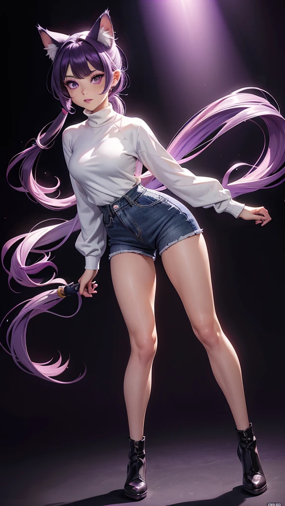 (high resolution, full body, soft skin:1.2),(best illustration,masterpiece:1.2),ultra-detailed,[(purple eyes, purple makeup cat ears , purple inside:1.2, twin tail),vivid colors,sharp focus,portrait,studio lighting,bokeh, wearing a white turtleneck shirt, black denim pants, spotlight background 