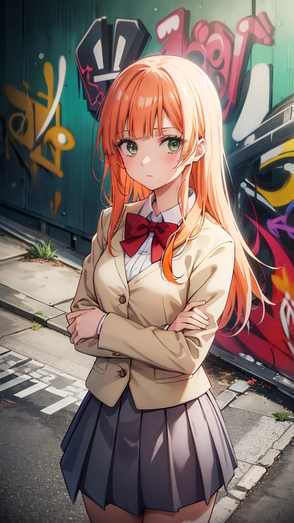  gray skirt, white long sleeve blouse, red bow, orange hair, green blazer, green eyes, high quality, anime, school graffiti in the background.
