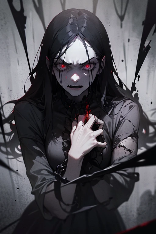 (best quality, ultra-detailed, realistic:1.37), portrait, angry girl, dark atmosphere, horror element, red and black color palette, sharp focus, haunting expression, creepy background, illuminated by dim light, detailed eyes and face, long hair, angry expression, long hair flowing, biting her lips, disheveled clothing, covered in blood, gritty texture, haunting eyes, spooky environment, unsettling shadows, ominous mood, menacing aura, fierce gaze, pale skin, ferocious expression, messy hair, tattered dress, claw-like fingers, intense emotion, horror-inspired setting, strained muscles, bloodshot eyes, shattered mirror, creepy whispers, distorted figure, ominous clouds, darkened room, candlelight flickering, menacing silhouette, murky atmosphere, Victorian era, macabre details, cutting-edge technology, spooky ambience, ghostly presence, lurking shadows, hauntingly beautiful, enchanted forest, echoing footsteps, moonlight shining, hauntingly pale, ghastly apparitions, sinister grin, discovery of a dark secret, shivers down the spine, bloody handprints, broken chains, tormented soul, vengeful spirit, haunting beauty, foreboding sense of danger, dreadful anticipation, revealing true nature, bloodcurdling scream, macabre elegance.