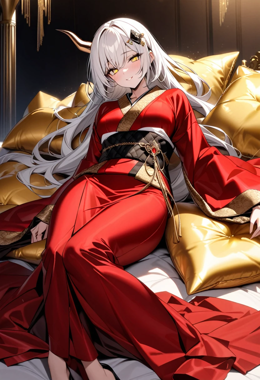 Flowing white hair, melancholy eyes, seductive smile, yellow eyes, black diamond-shaped horn-like hairpin, luxurious silk red kimono, lying on a cushion, luxurious, royal, filled with huge golden silk cushions,