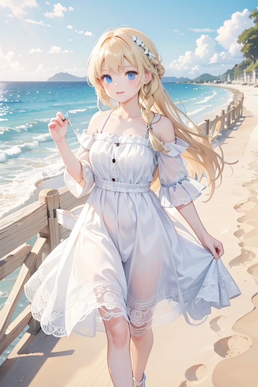 masterpiece, highest quality, High resolution, 1 10-year-old girl、blue eyes、
Blonde、Braid、White dress、Stroll along the sandy beach