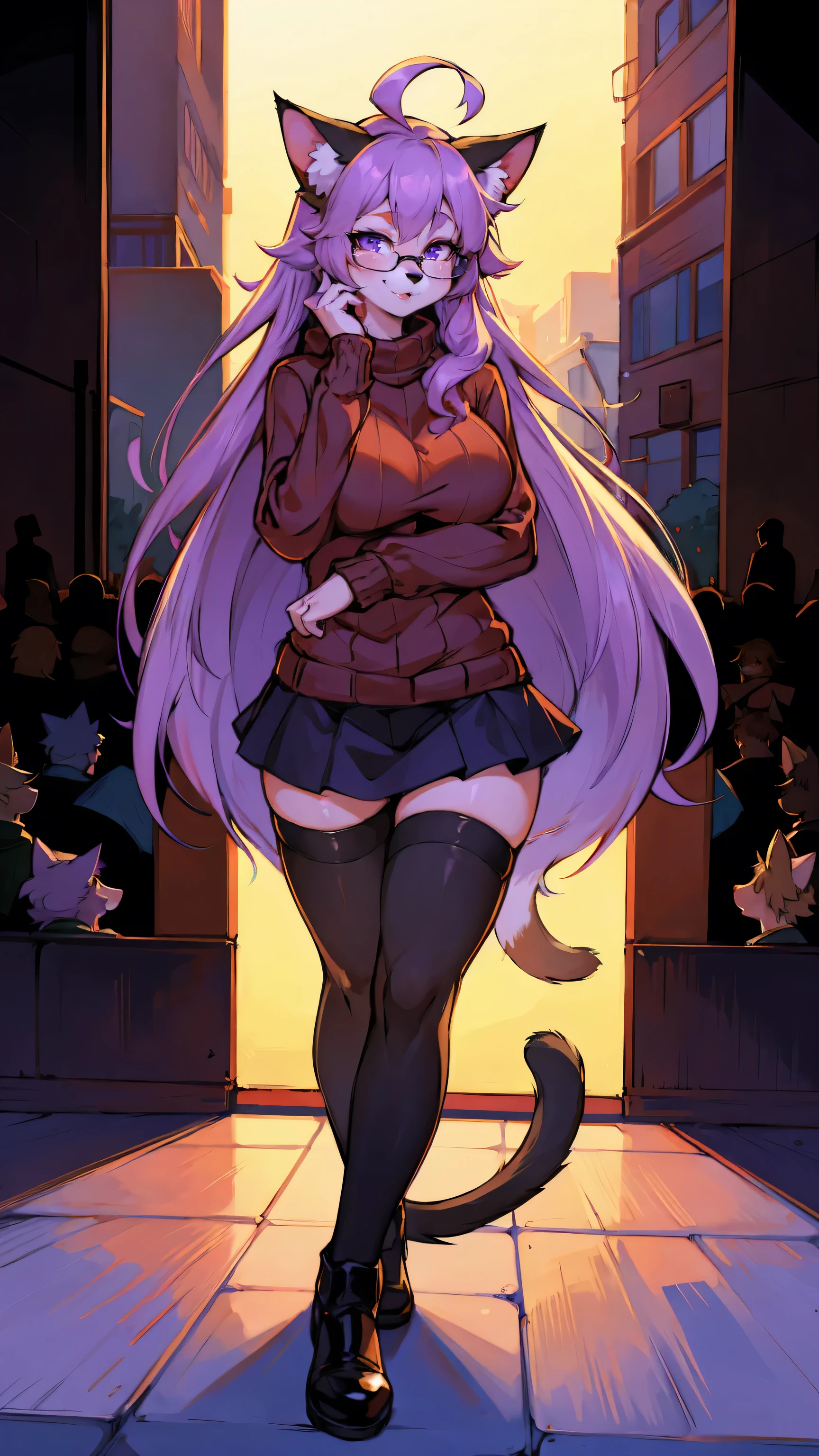 furry girl,(best quality, high-res, masterpiece:1.2), 1 girl, (looking at the audience), light purple hair, purple eyes, long flowing hair, Ahoge, sweater, sweater skirt, tights, 163cm tall, hair falling between the eyes, ample bosom, adult, 33 years old, mature, glasses, solitary, unique, smiling, cat ears, cat tail, square, cat girl, animal ears