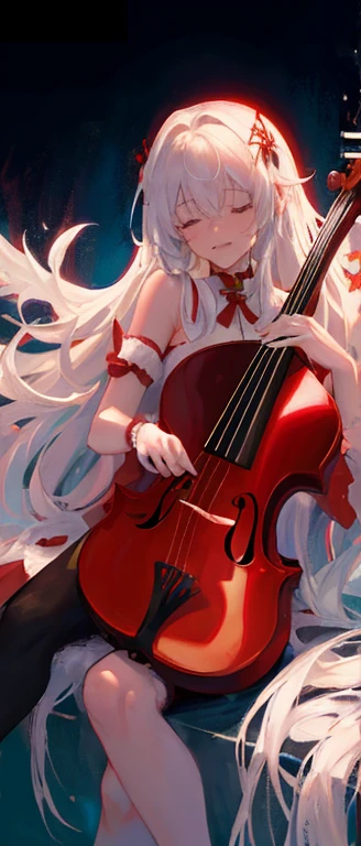 with long white hair, Wearing a Christmas style red costume, Happy, Playing the violin, close your eyes, slim, Harmless, Six big black angel wings, Sitting pose, Bad guy,Shining clothing quality, Severe,Neon pink and blue lights, Neon Style