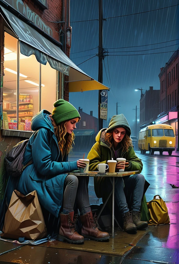 A cinematic illustration, masterfully rendered with Don Lawrence's color pencils and Octane render, captures the essence of two beautiful, homeless women in their own city. They sit in front of their makeshift camp on a rainy night, sipping takeaway coffee as they share a moment of respite. The pavement is lined with neighboring tents, and the vibrant graffiti on the wall of the abandoned grocery store reads "HOPE." The intricate details of street objects, nighttime lighting, and the high-resolution 4K image create an immersive and emotional scene. In the background, people wander amidst the rain, including an old black man playing blues on his guitar, adding a poignant touch to this powerful, high-resolution masterpiece., illustration, cinematic