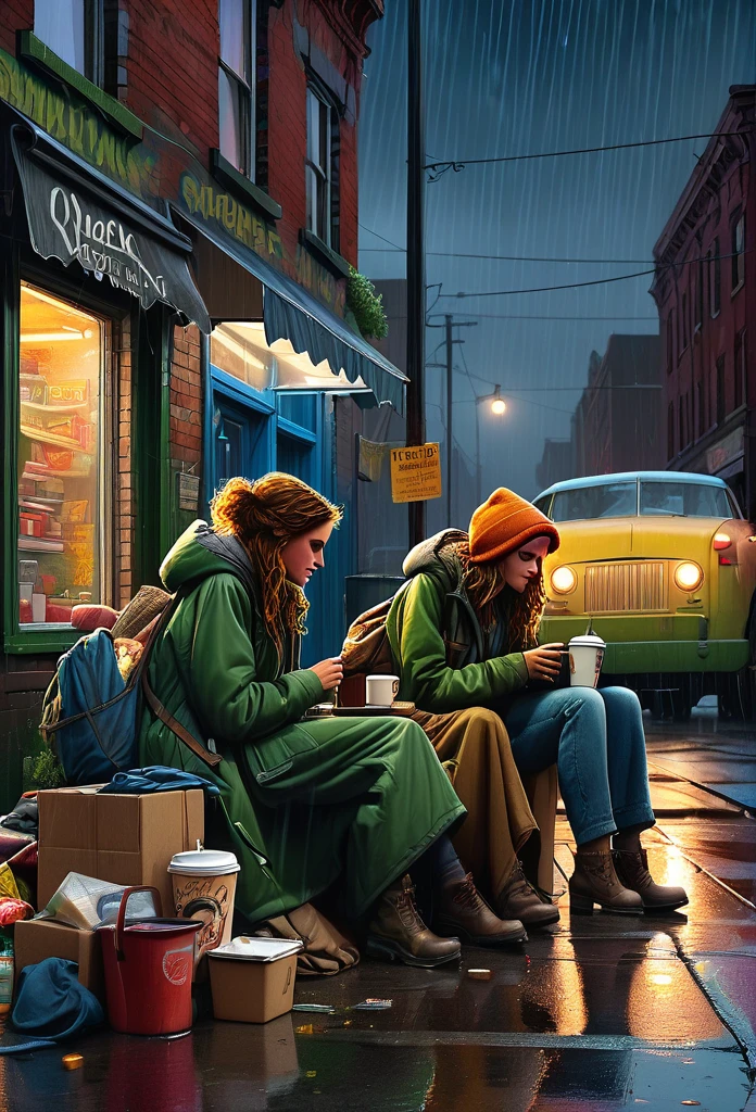 A cinematic illustration, masterfully rendered with Don Lawrence's color pencils and Octane render, captures the essence of two beautiful, homeless women in their own city. They sit in front of their makeshift camp on a rainy night, sipping takeaway coffee as they share a moment of respite. The pavement is lined with neighboring tents, and the vibrant graffiti on the wall of the abandoned grocery store reads "HOPE." The intricate details of street objects, nighttime lighting, and the high-resolution 4K image create an immersive and emotional scene. In the background, people wander amidst the rain, including an old black man playing blues on his guitar, adding a poignant touch to this powerful, high-resolution masterpiece., illustration, cinematic