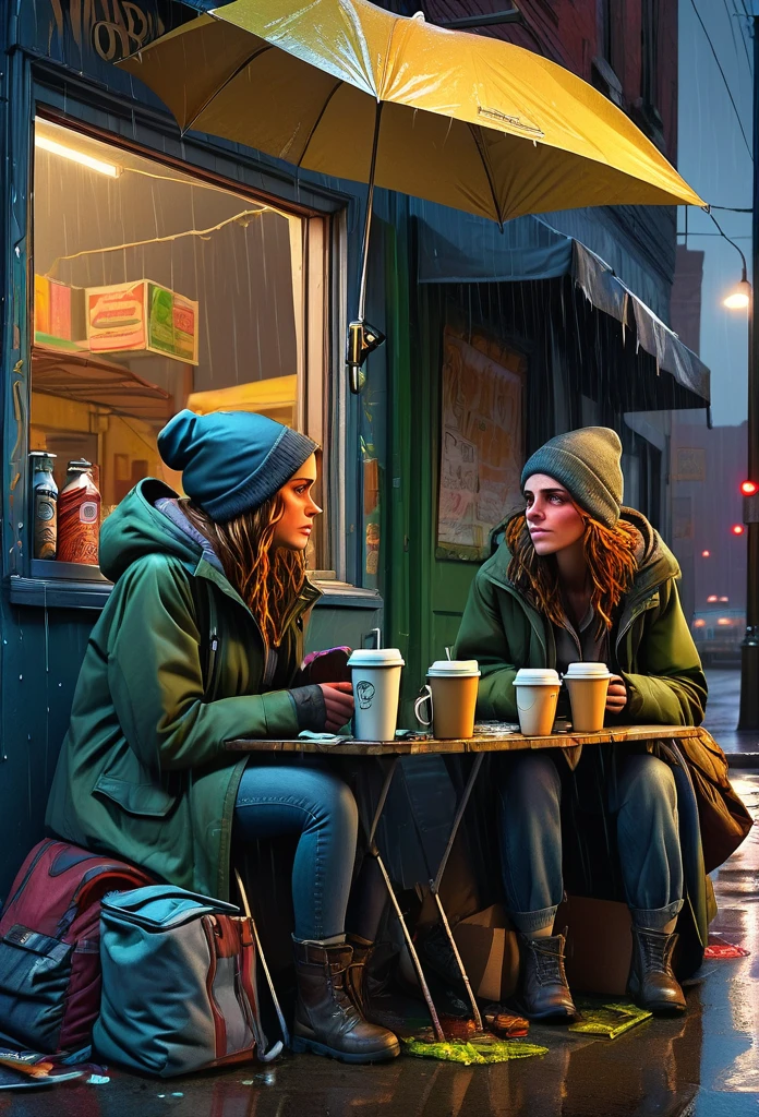 A cinematic illustration, masterfully rendered with Don Lawrence's color pencils and Octane render, captures the essence of two beautiful, homeless women in their own city. They sit in front of their makeshift camp on a rainy night, sipping takeaway coffee as they share a moment of respite. The pavement is lined with neighboring tents, and the vibrant graffiti on the wall of the abandoned grocery store reads "HOPE." The intricate details of street objects, nighttime lighting, and the high-resolution 4K image create an immersive and emotional scene. In the background, people wander amidst the rain, including an old black man playing blues on his guitar, adding a poignant touch to this powerful, high-resolution masterpiece., illustration, cinematic