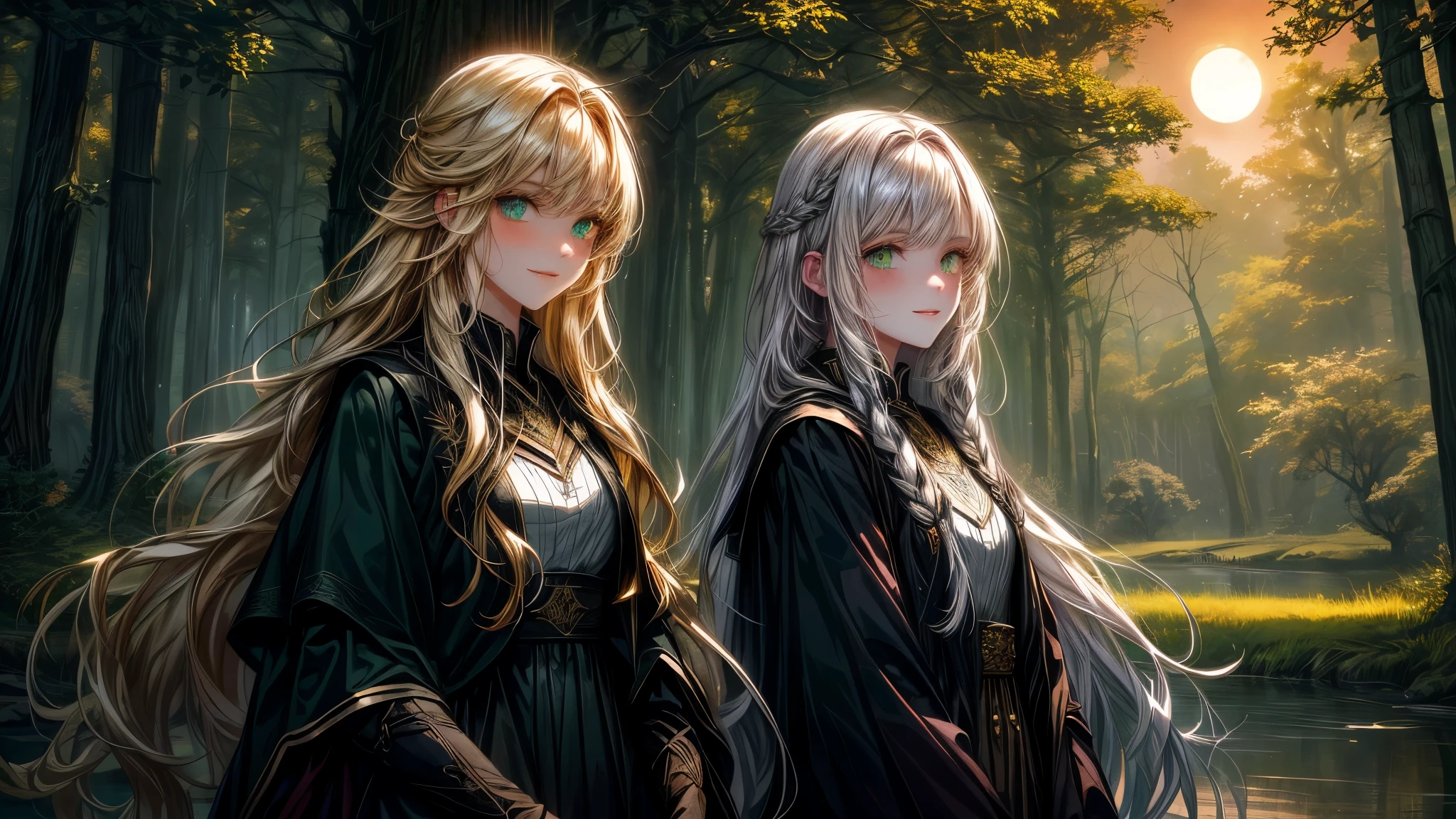 twilight, fading light, moon sheen, shadow murmur, witches beckon from trees, fair skin, autumns twiligt, glowing eyes, smiles, fair and wild, young faces, golden hair, green eyes, white skin, river, forest, deep and calm night, mystery realms, ancient glade,