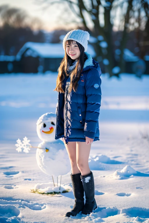 a beautiful japanese girl, 8k, super detail, best quality, (photorealistic:1.4), Making a big snowman, (full body:1.5), (long hair), 1 girl, solo, Snowy field,first-person view