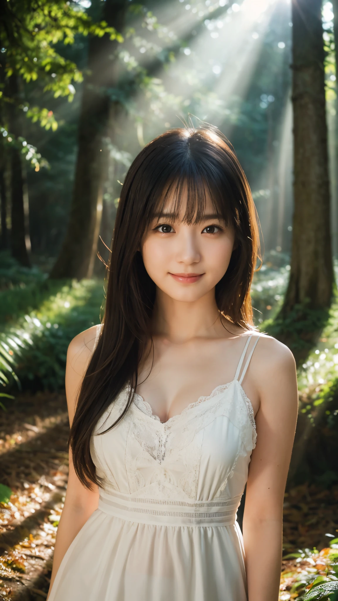 (highest quality,masterpiece:1.3,Ultra-high resolution),(Super detailed,Caustics,8k), (Photorealistic:1.4, RAW shooting),(in the forest),(Light pours down),(Sunlight filtering through the trees),18-year-old,cute,Are standing,(smile),looking at the camera,Long black hair,Pure white dress, Bust up shot,Natural light