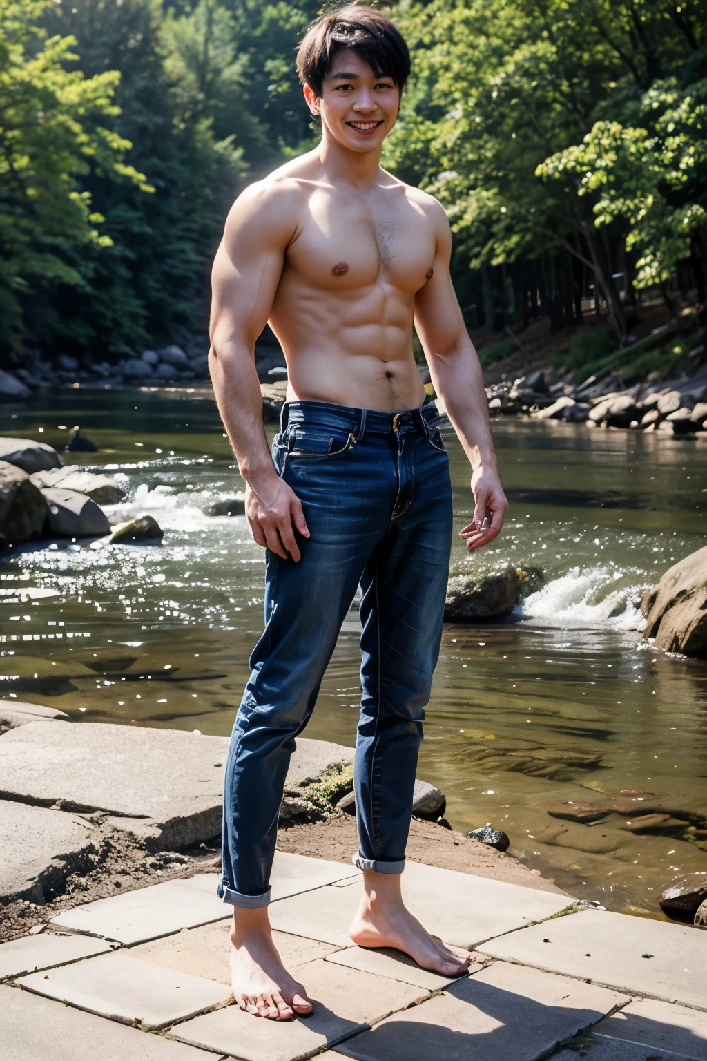 masterpiece,best quality,Realistic style,A handsome young Chinese man,Square face,big eyes,Masculine temperament,Smiling, Naked, Reveal full muscles, Super short hair, barefoot,Standing by the river,Full body frontal HD pictures。