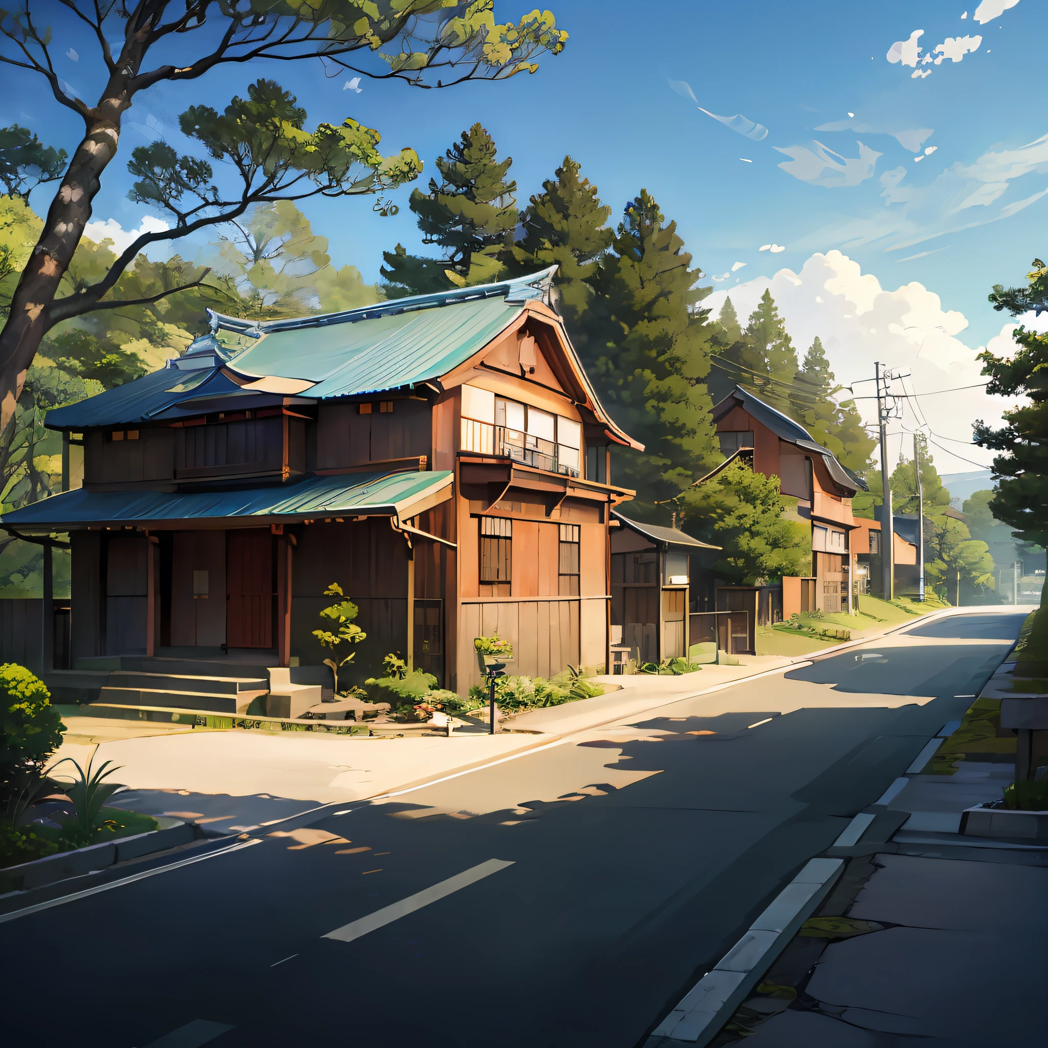(Japanese town Landscape), (Hayao Miyazaki Style), cartoon, japanese town house, road, bend, small house, tree, pole, white cloud, landscape, outdoor, green trees, epic composition, realistic lighting, high-definition detail, masterpiece, the best quality, (very detailed CG unified 8k wallpaper), --auto --v6