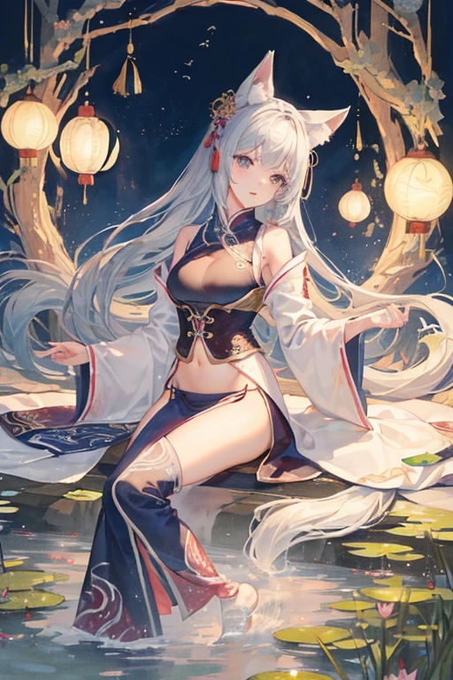 ((4K、masterpiece、highest quality))、Ink and watercolor、Traditional Chinese Ink Painting、lotus、Hanfu、Maxi Kit、Modestly dressed 1 girl, solo, Gray Hair, length, Fox Ears, Foreigners, bikini, Angel T, A lot of fish nearby, （（Bring a Cat 1.５））