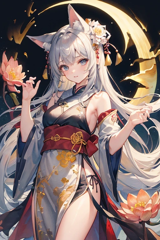 highest quality, masterpiece, ultra high resolution (reliability: 1.1). A silver-haired girl with beautiful yellow droopy eyes and a bare back. 背中一面に龍のtattooed back. tattooed. She appears to be listening to the song through headphones..... Japan yellow kimono. intense expression. geisha. , Very beautiful night sea and beautiful full moon background,Images for YouTube