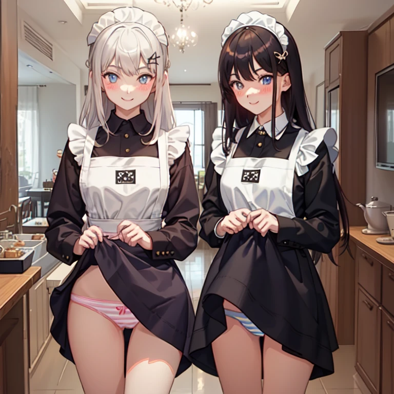 highest quality、masterpiece、((2 girls:1.5))、((smile:1.3))、(blush:1.3)、Black Shirt、blouse、((fun!!))、()、(Small breasts)、(Long Hair:1.3)、()、blonde、(Long sleeve)、((White apron:1.5))、((Maid))、((hair ornaments)),、Kamimei、look at me、 ((in house:1.5))、 A break to observe the crowd、Cowboy Shot、(Skirt flip:1.3),Very exquisite pink striped panties、(Highly detailed panties:1.3)、、(スカート that rolls up:1.3)、(Panties in full view:1.5)、()、Bright Blue Eyes、Long Hair、Glowing Eyes