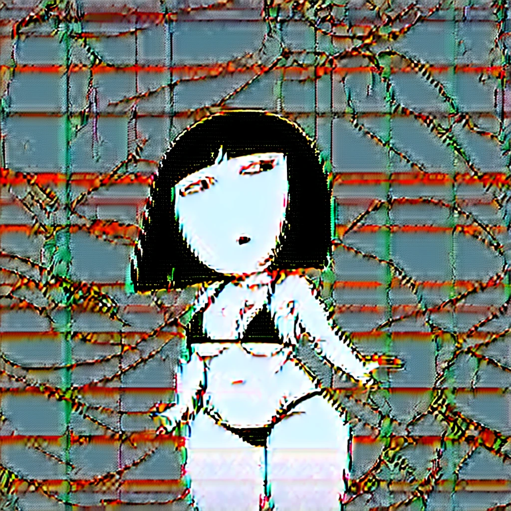 hanako-san, black hair, black eyes, no nose, (((bigbust:1.4))), HANAKO-SAN, BLACK HAIR, BLACK EYES, NO NOSE, fair skin, black bikini
